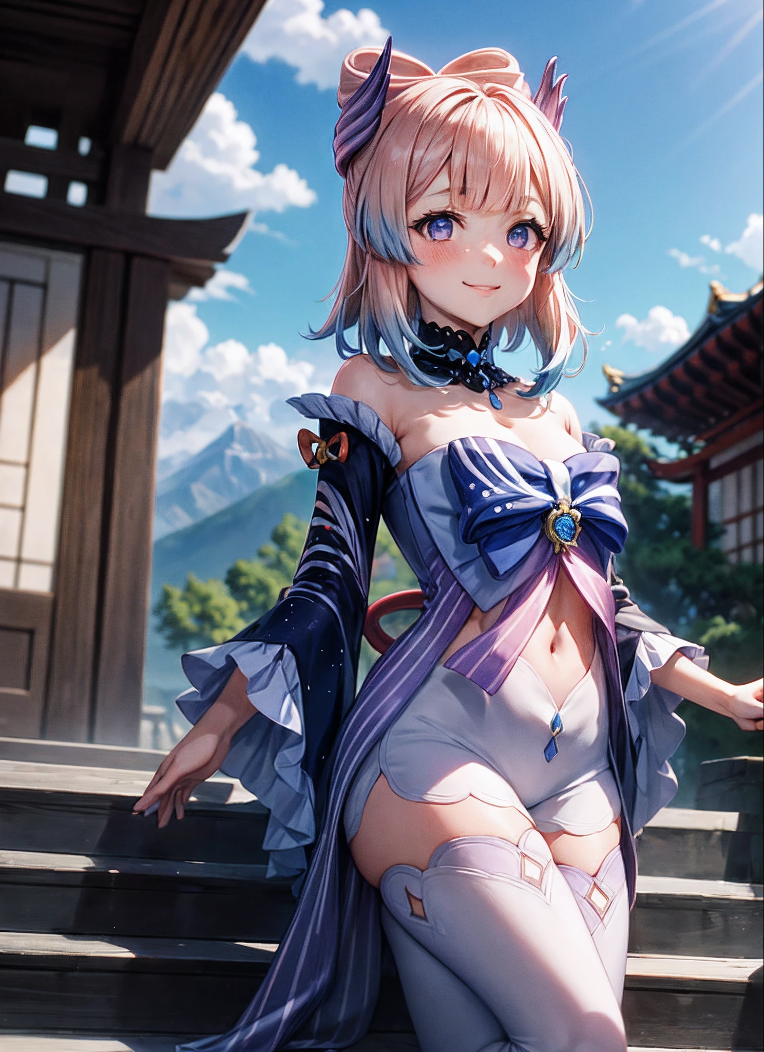 kokomidef, upper body, smile, blush, outdoors, day, simple background, blue sky, short hair, sky, temple, looking at viewer, stairs, mountain, moody lighting, facing viewer,