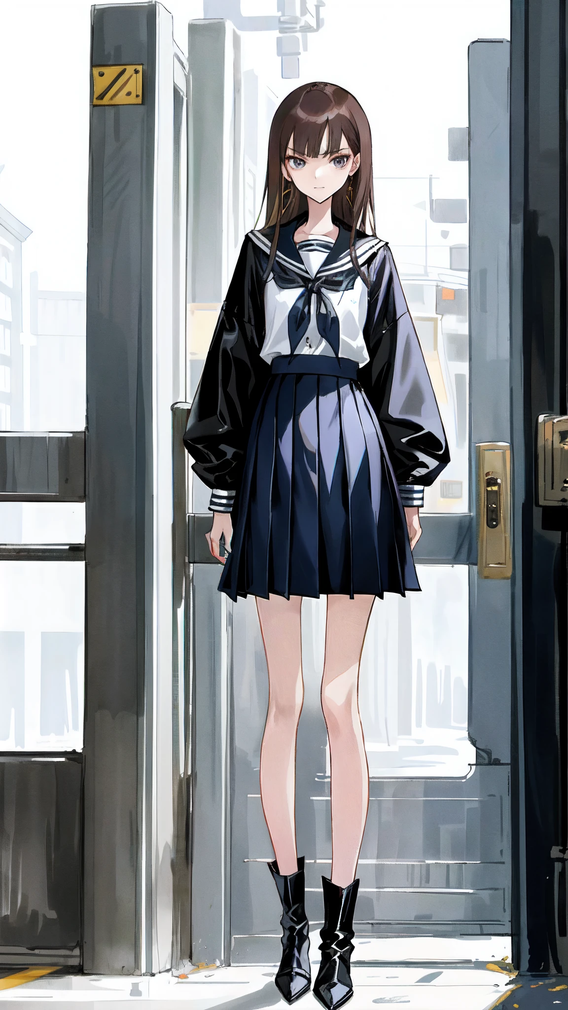 A girl,brunette color hair,super model,BALENCIAGA,Fashion brand,slender figures,Pointy toe boots full of technology,(White school uniform),(At the school gate)。