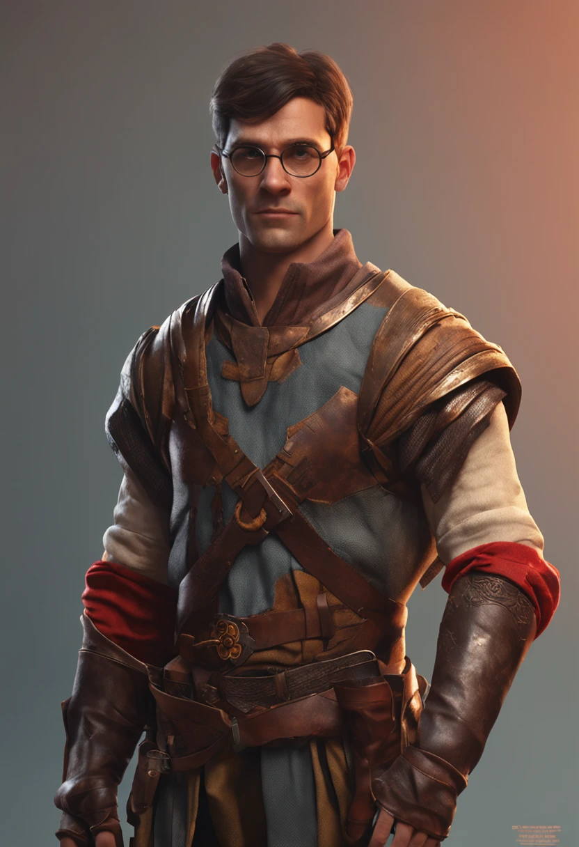 A medieval man with short brown hair and brown eyes. left half of his face has a scar . his clothes looks like a poor noble main part is red with specs of iron and light yellow for the arms. iron belt. small lether gloves on his left hand 8k human he wears small iron sholder pads