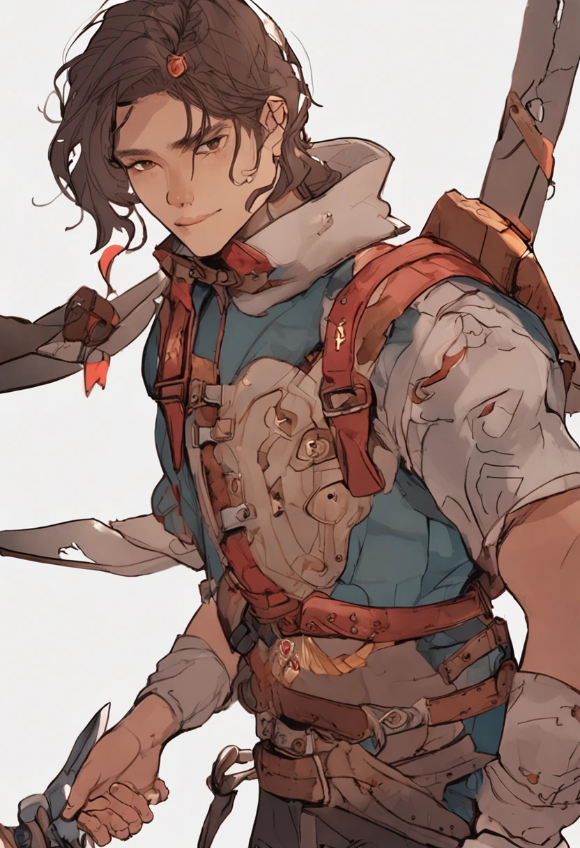 A medieval man with short brown hair and brown eyes. left half of his face has a scar . his clothes looks like a poor noble main part is red with specs of iron and light yellow for the arms. iron belt. small lether gloves on his left hand 8k human he wears small iron sholder pads