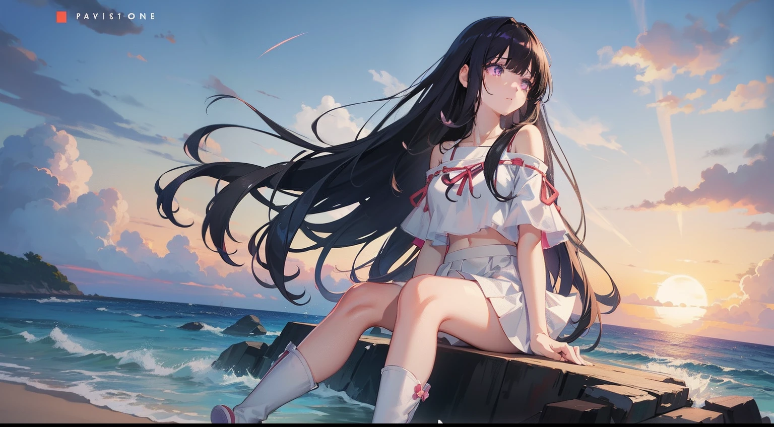 anime style photo of spring vasu, anime girl with long black hair and purple eyes, Off shoulder tight tshirt, red crop top, white skirt, in a beach, watching ocean, wearing white long boots, in a sunset, sad pose, full body shot, Tuck sitting, anime style, crying and sitting