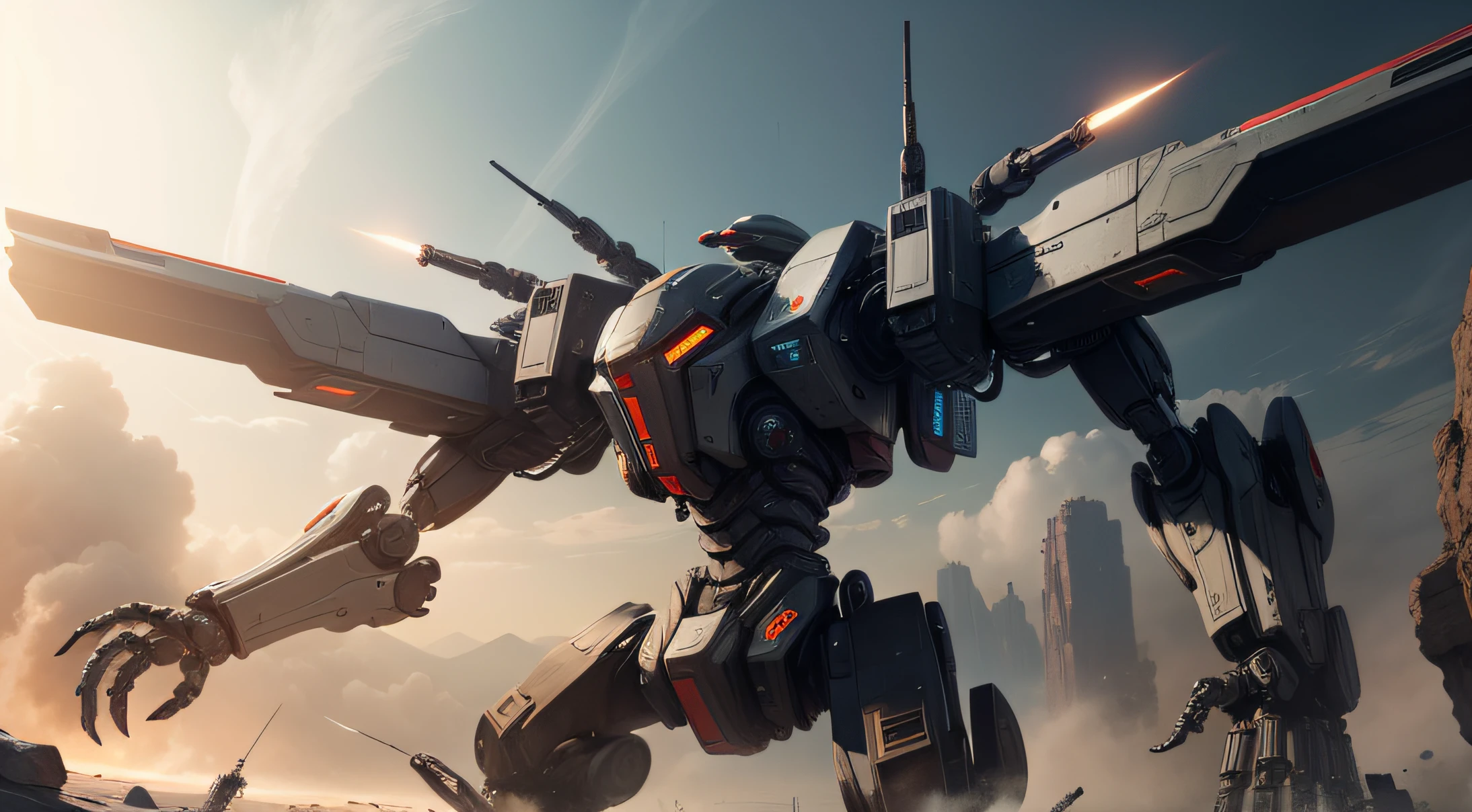 sci-fi giant robot has multiple arms like a spider carrying multiple sci-fi weapons