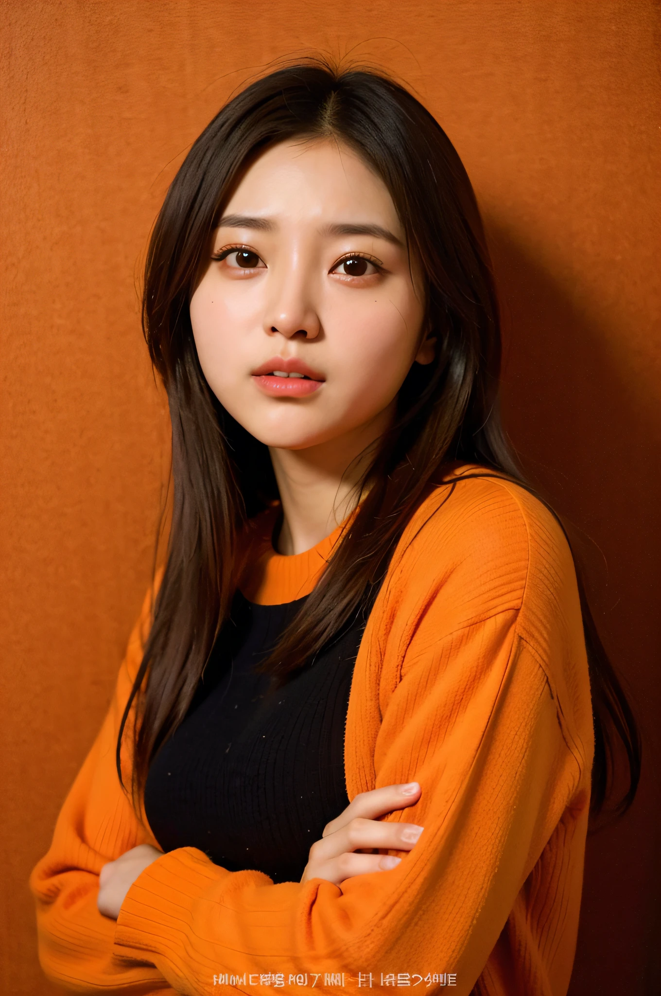 Arab asian woman taking photo with long hair and orange sweater, portrait of christy ren, ayamin kojima, Choi Hong Hwa, jiyun chae, Kiyoko Suzuki, lee ji-eun, lee ji - eun, Aoi Ogata, sangsoo jeong, Ayaka, professional profile photo, kwak ji young, shin min jeong, undergarment, 8K