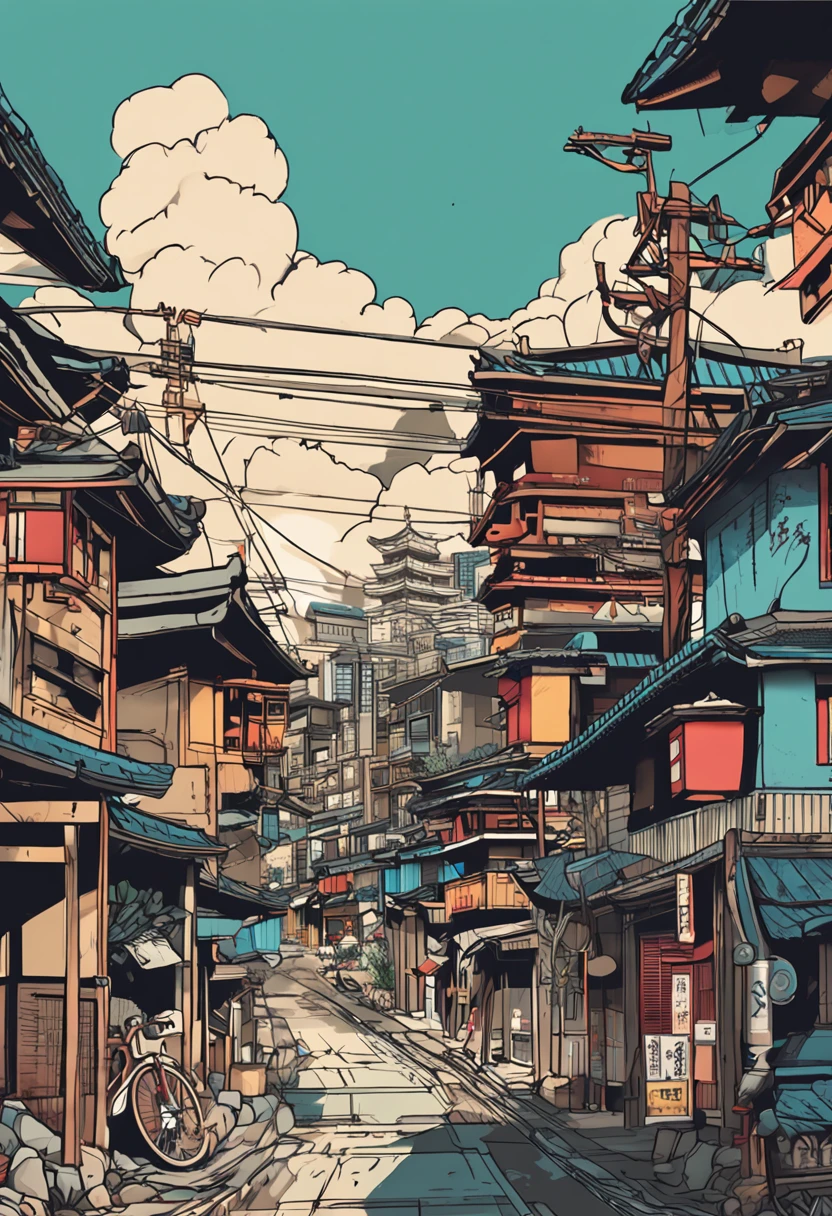Japanese traditional, cityscape, filled with buildings, midday