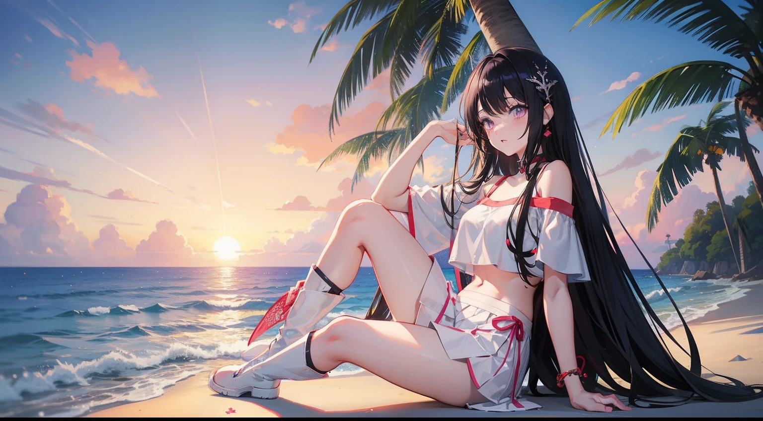 Girl in bikini red and black top front of moon night realistic look 8k hdr red night