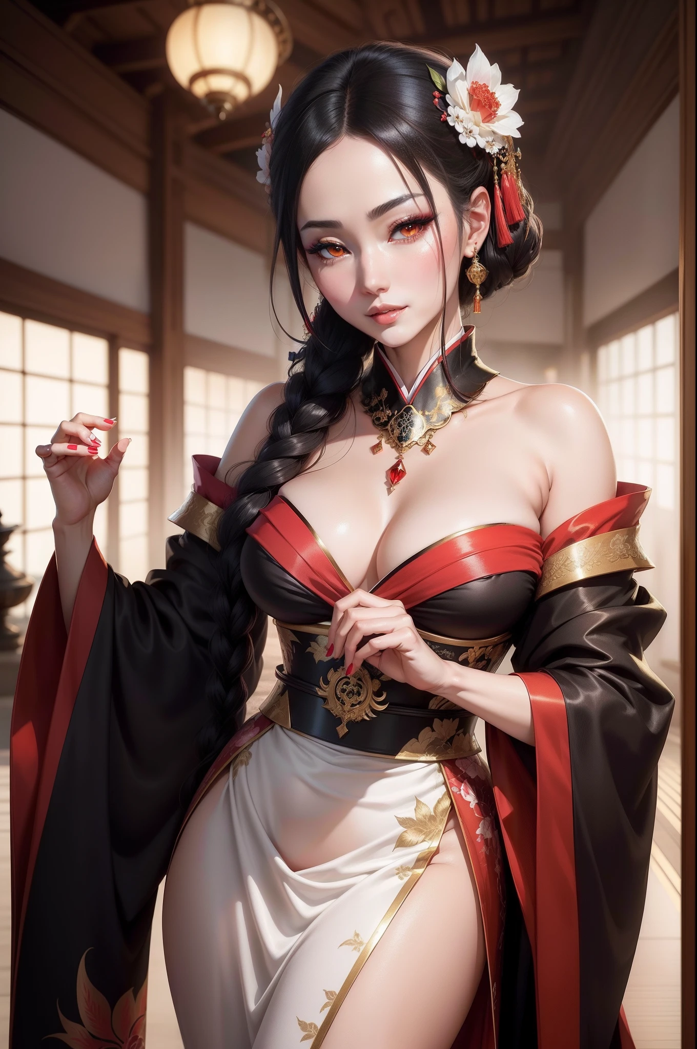 (8K,Photorealsitic　Raw photography　top-quality;1.4) 1 Mature Woman) Super Beautiful Japan Mature Goddess　(Lifelike face)　Closeup portrait of moderate-breasted woman in costume, Japan Mature Goddess, a smile　a beautiful fantasy empress, beautiful alluring anime woman, artwork in the style of guweiz, 8k high quality detailed art, very detailed Artgerm, palatial palace ， beautiful character painting, Anime Mature Goddess, Seductive Anime Women　Japan kimono made of white silk　(outfits)　超A high resolution　Beautiful expression　A hyper-realistic　(real looking skin)　Ultra-high density　(masutepiece, Best Quality, Photorealistic, hight resolution, Photography, :1.3)　Super flashy makeup　Golden eyes　japanese kimono　Black and red bands　Golden band cord　Red Rouge　Beautiful black hair