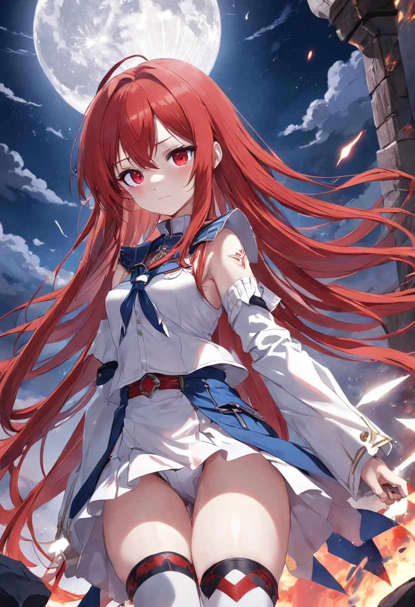 Long red hair and red eyes，Western fantasy，Sword and magic，White and blue clothes，white stockings，animemanga girl，Facial detailed，Cute expressions，Moon