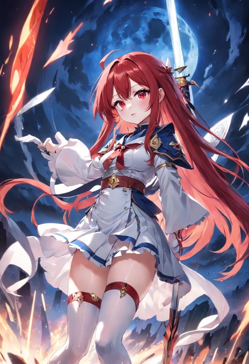Long red hair and red eyes,Western fantasy,Sword and magic,White and blue clothes,white stockings,animemanga girl,Facial detailed,Cute expressions,Moon