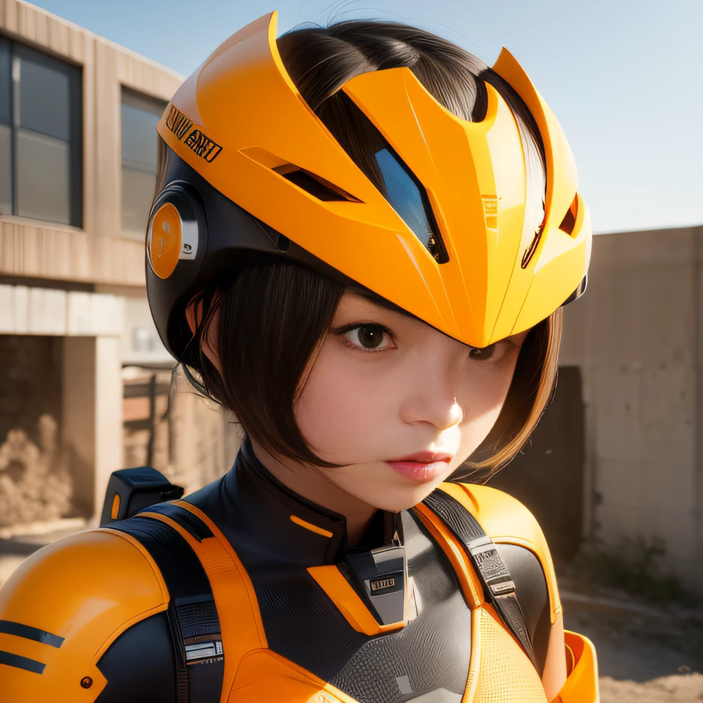 Highest image quality，Outstanding details，超高分辨率，（Fidelity：1.4），The best illustration，Favor the details，Highly cohesive 1girl，He has a delicate and beautiful face，Dressed in a light orange mech，wearing a mech helmet，Hold the direction controller，Riding on a motorcycle，The background is a high-tech lighting scene in an abandoned city of the future。