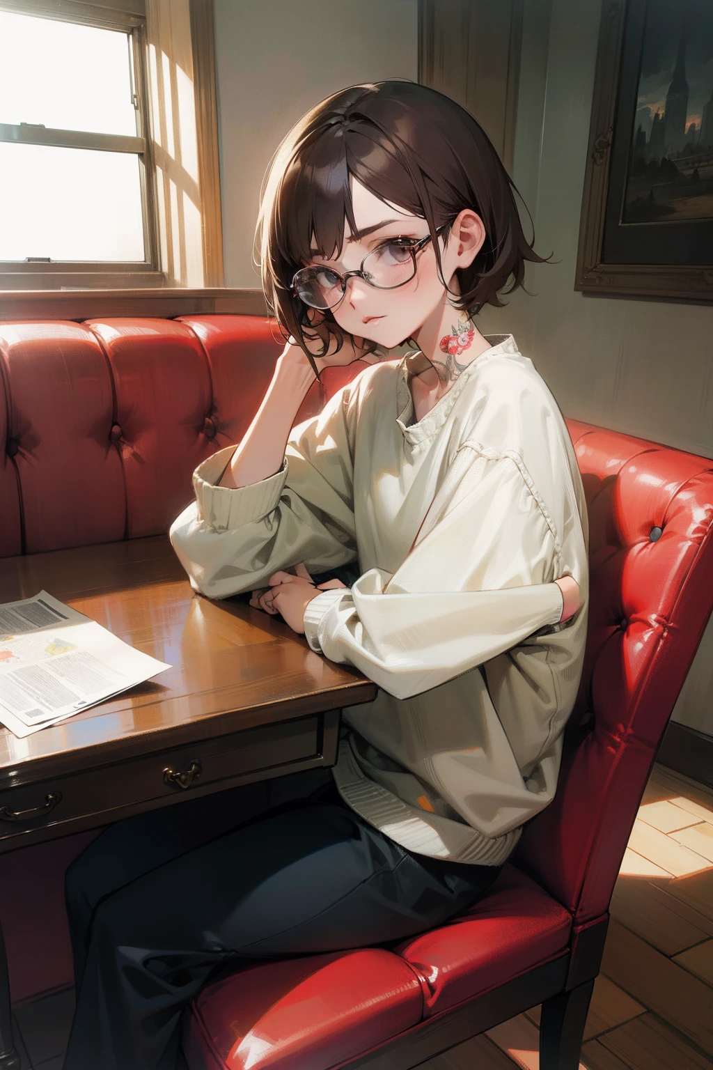tmasterpiece,Need,Superb beauty,mature,Intellectual,Silver-framed glasses,doubt,World Masterpiece Theatre,super-fine,Need,Need,brunette color hair,Medium and short hair,roll eyes,A high resolution,Need,1girll,Need,illustratio,looking at viewert,Small tattoos on the hands,Uninhibited,sobu,desks,Red sofa,canvas, oil painted, Photorealsitic, Realist,Real,