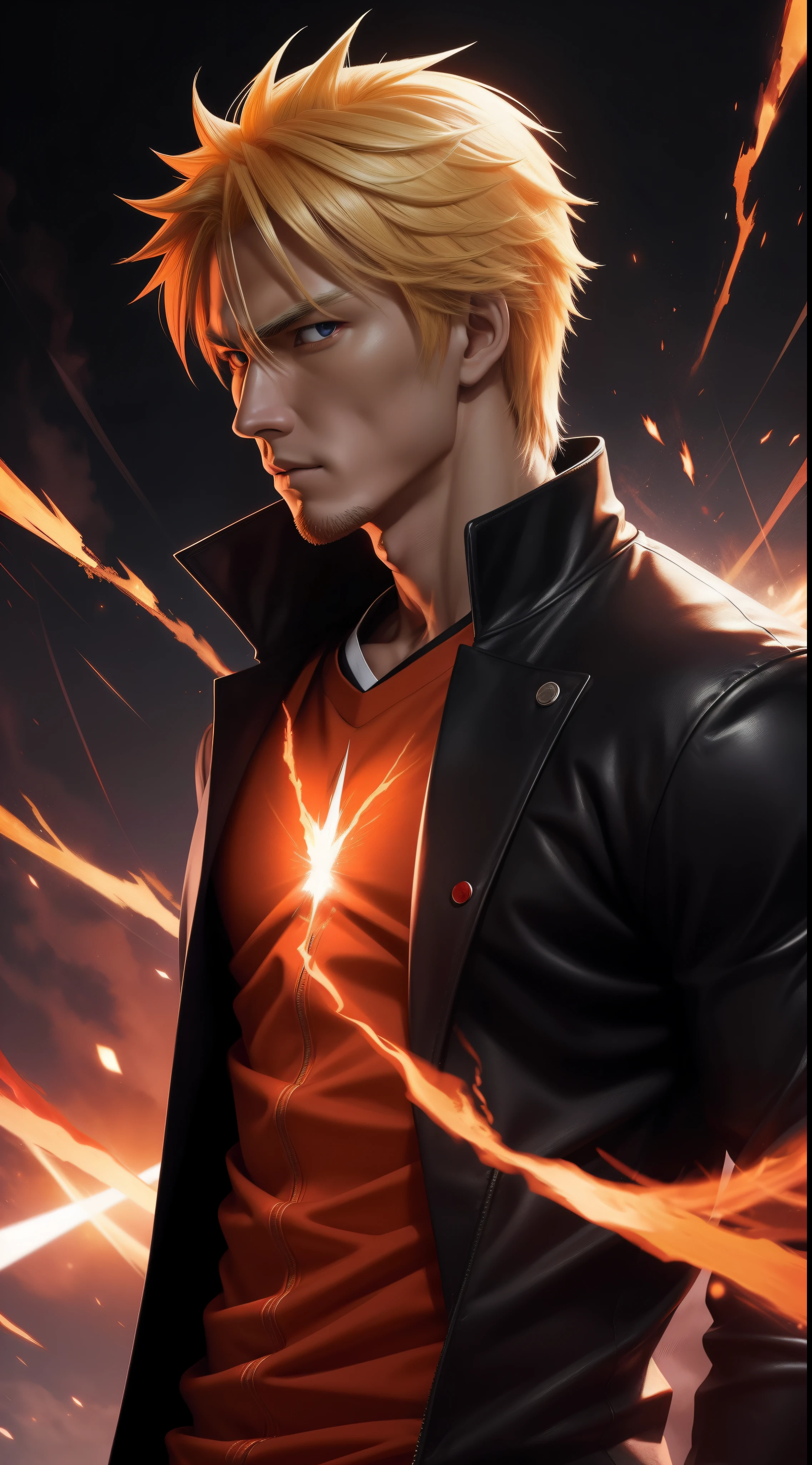 Profile picture, masterpiece, extremely accurate rendering, Kurosaki Ichigo coldly handsome, blonde, looking at the viewer, solo, trustworthy, savior of the world, simple design, best image , 8K, light red eyes, original orange clothing style according to the characters in the story, reflecting purple-red sparks on the chest.