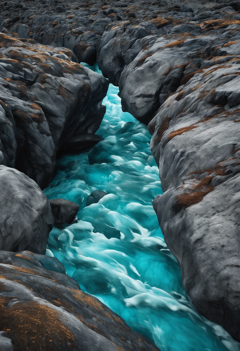 Aalfid landscape of rivers with rocks and water, iceland photography,blue glacier, aerial iridecent veins, flowing teal-colored silk,in an icy river, sapphire waters below