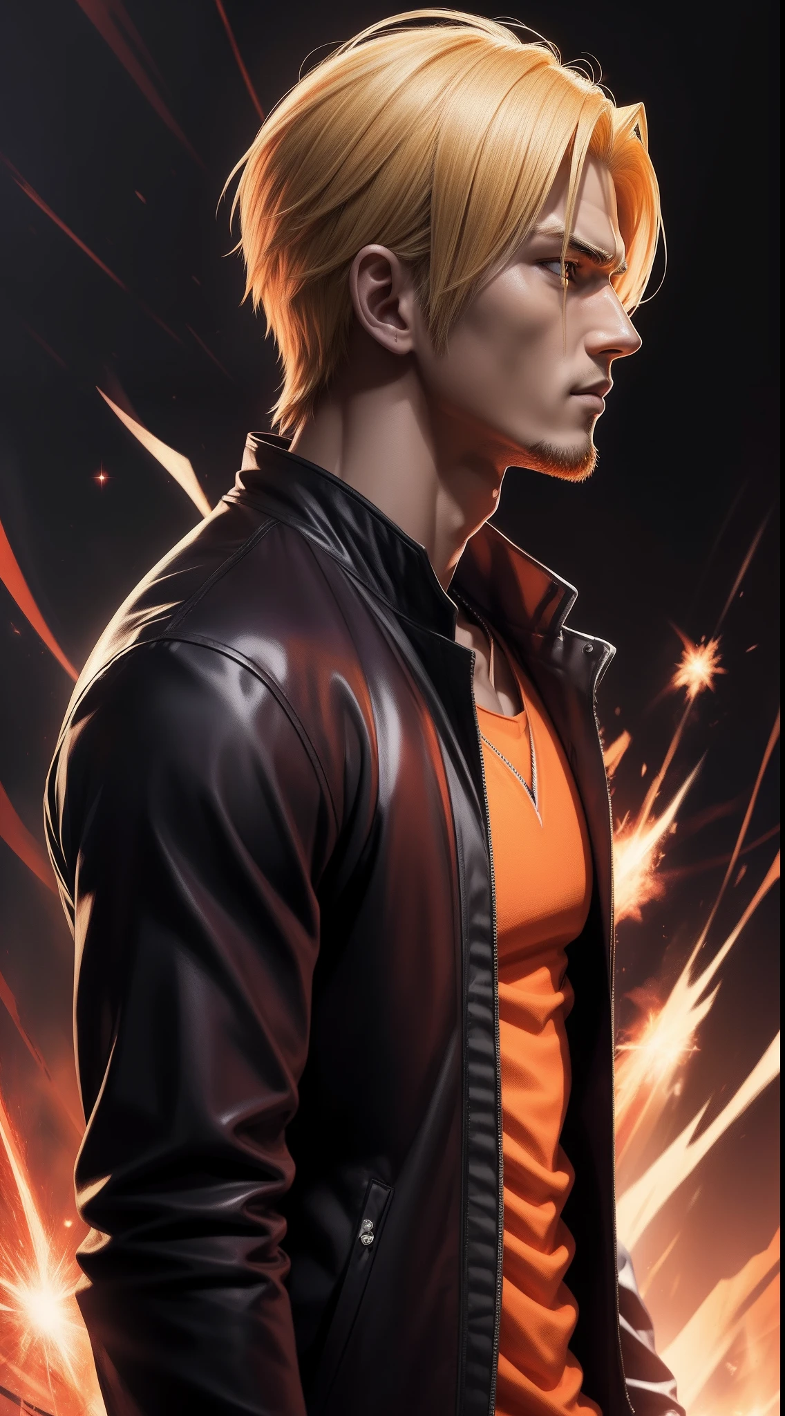 Profile picture, masterpiece, extremely accurate rendering, Kurosaki Ichigo coldly handsome, blonde, looking at the viewer, solo, trustworthy, savior of the world, simple design, best image , 8K, light red eyes, original orange clothing style according to the characters in the story, reflecting purple-red sparks on the chest.