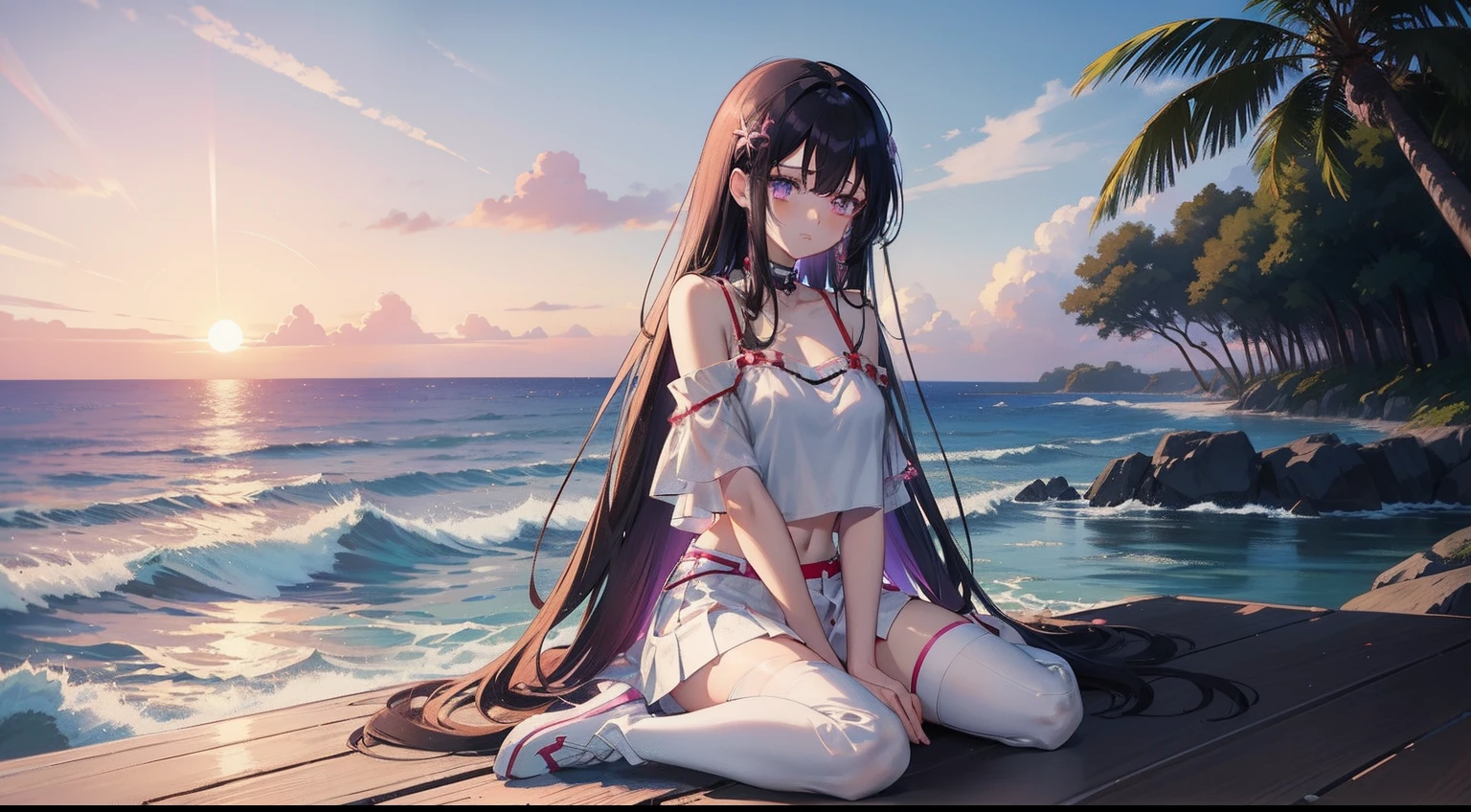 anime style photo of spring vasu, anime girl with long black hair and purple eyes, Off shoulder tight tshirt, red crop top, white skirt, in a beach, watching ocean, wearing white long boots, in a sunset, sad pose, full body shot, Tuck sitting, anime style, crying and sitting, looking away from camera, looking away from viewer