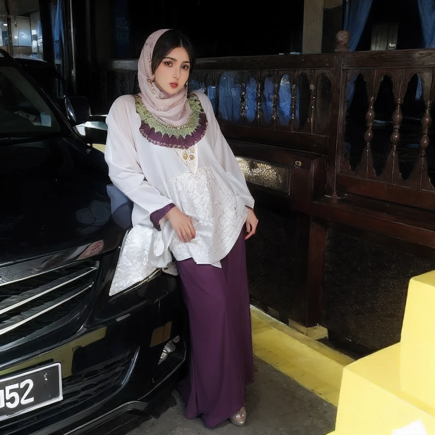 woman in hijab standing next to a car in a parking lot, faridah malik, inspired by Mym Tuma, inspired by Naza, inspired by Nazmi Ziya Guran, inspired by Ingrida Kadaka, with lovely look, wearing authentic attire, shawl, inspired by Shaddy Safadi, wearing traditional garb, front profile!!!!