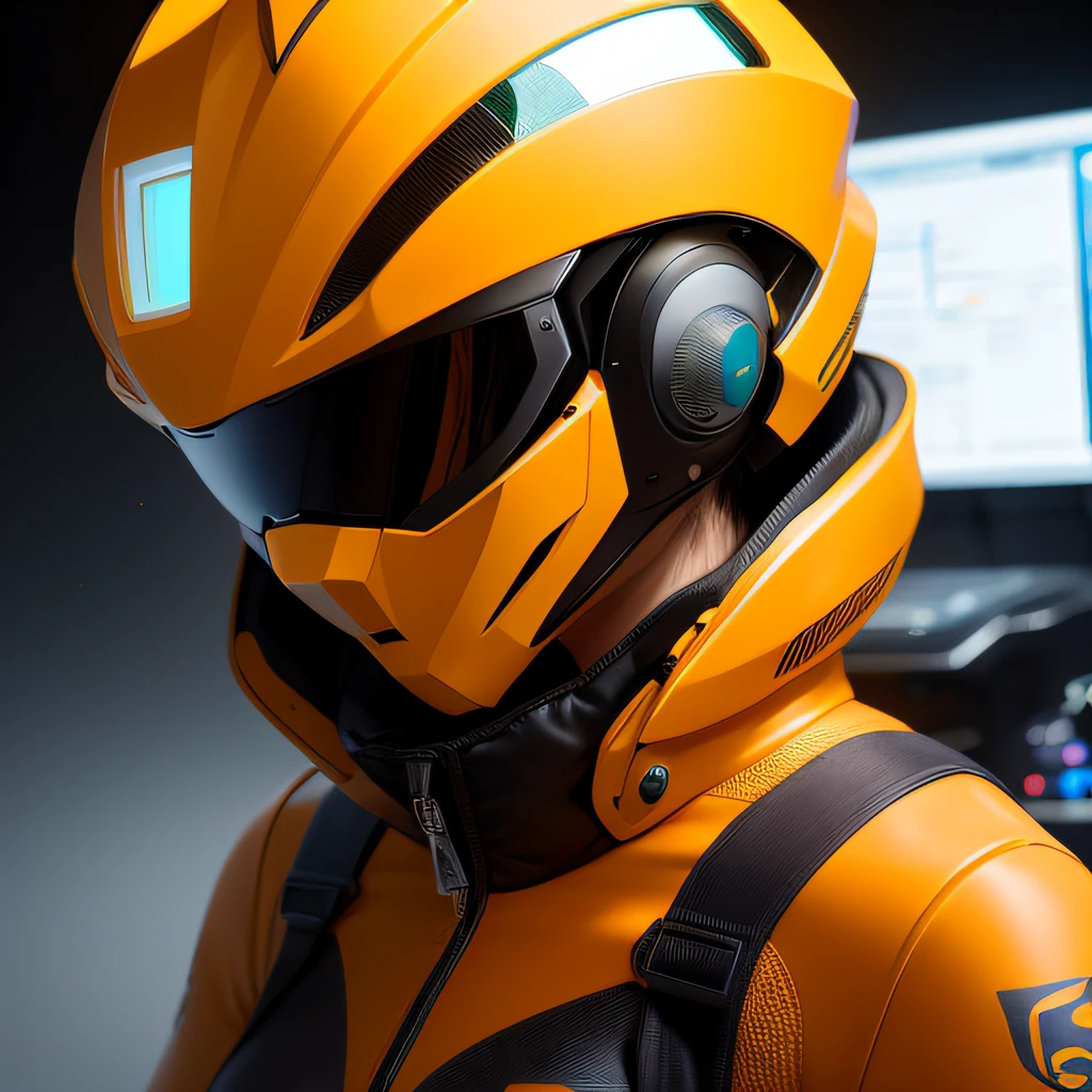 Highest image quality，Outstanding details，超高分辨率，（Fidelity：1.4），The best illustration，Favor the details，Highly cohesive 1girl，He has a delicate and beautiful face，Dressed in a light orange mech，wearing a mech helmet，Hold the direction controller，Riding on a motorcycle，The background is a high-tech lighting scene in an abandoned city of the future。