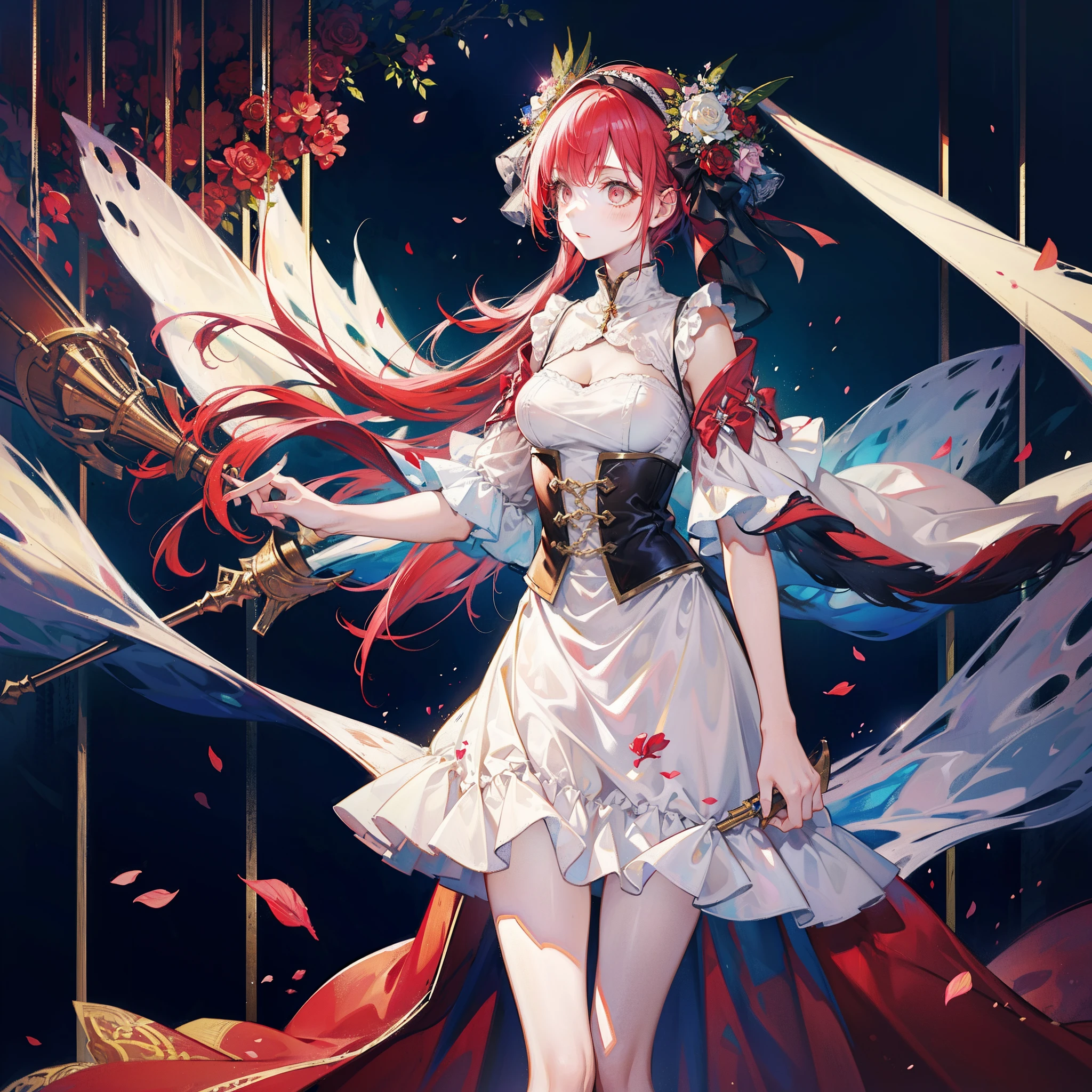 Semi long cute girl with red hair full length painting super beautiful delicate skirt gorgeous background