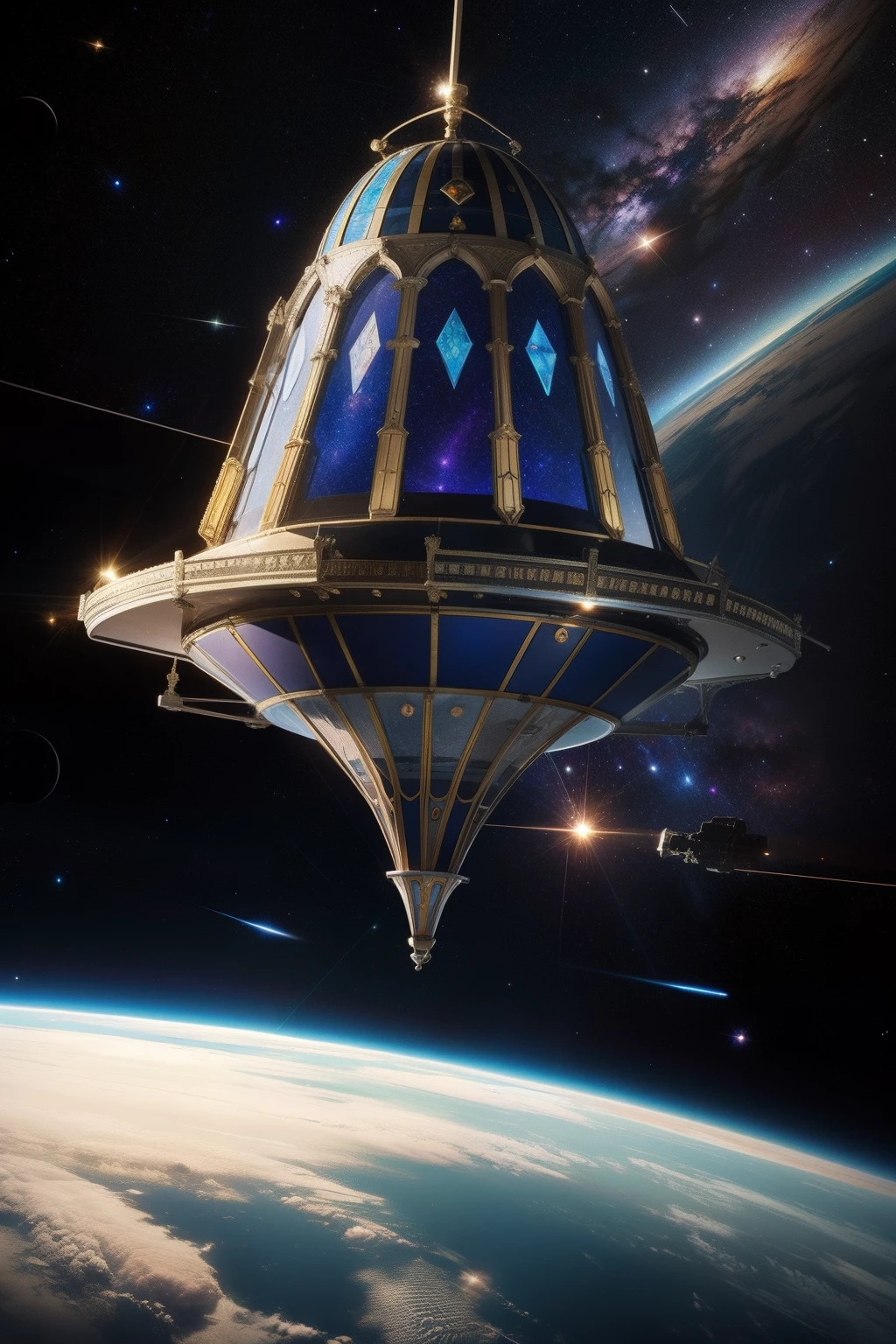 Stained glass windows on a meteor floating in space as if it was some sort of religious satellite
