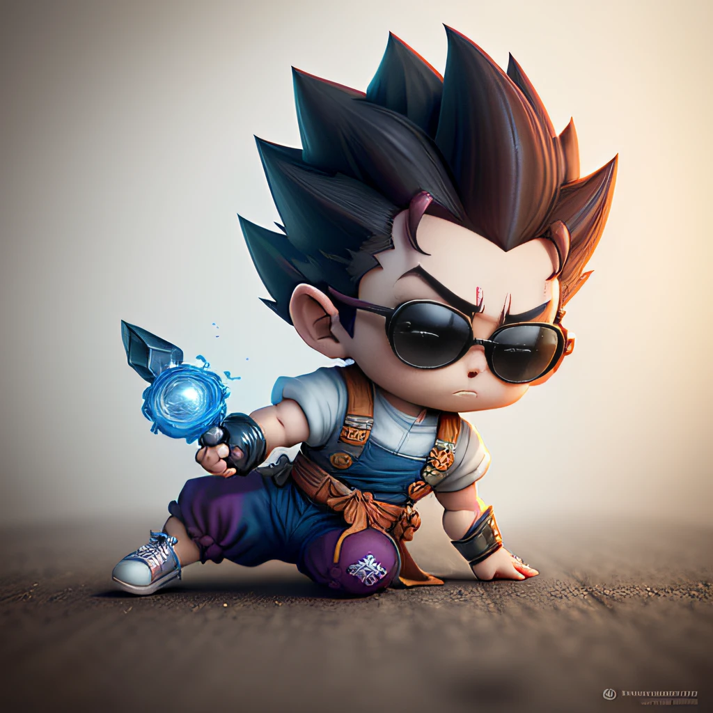 Porcelain Goku，SuperSaiyan，Exquisite Hair，Arm carving，Burgundy hair，Delicate gradient shoes，Eye portrayal，Exquisite Hair，Popmart blind box，Porcelain texture，Treading on the ground，Black and white background，cinematric light，Best quality at best，Hyper-detailing，arte 3D，C4D, OC renderer, a 3D render, 32K，45 degree viewing angle，wears dark glasses，Blind box base，Blue and white porcelain，chinaware，Cobalt blue background