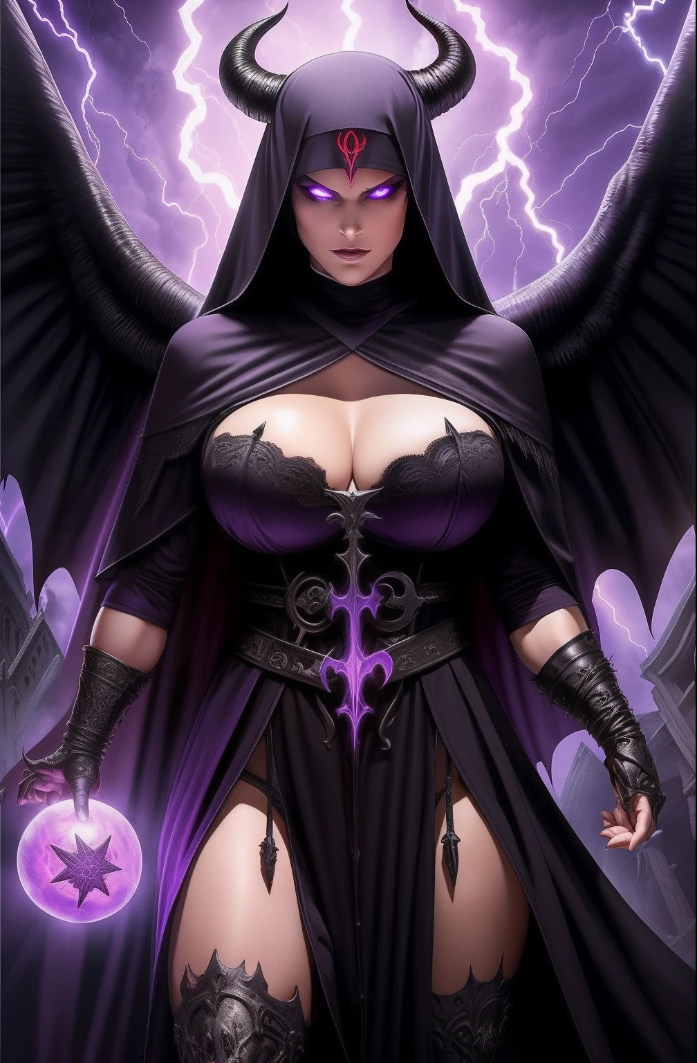 Lisa Ann: The evil nun, Demon horn, Demon wings on the head , sexy robe de nonne, His hands preparing a sphere of purple energy, diabolique, insidieux, Lightning strikes the post-apocalyptic ruins of a city , Context of the Satanic Church, detailled eyes, detailed hands