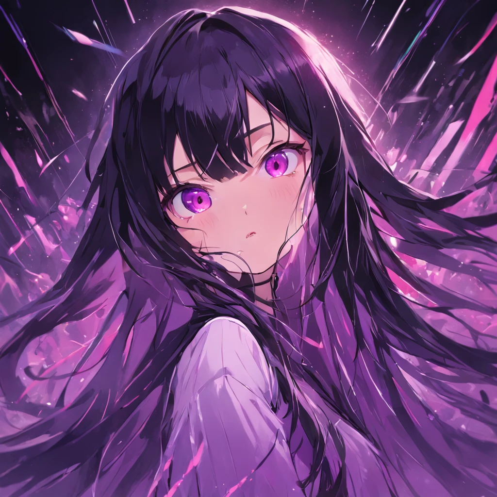 (highest resolution, distinct_image) The best quality, a woman, masterpiece, highly detailed, (semi-realistic), long black hair, long straight hair, black hair bangs, purple eyes, mature, cherry glossy lips, white background, close-up portrait, solid circle eyes, minimalistic