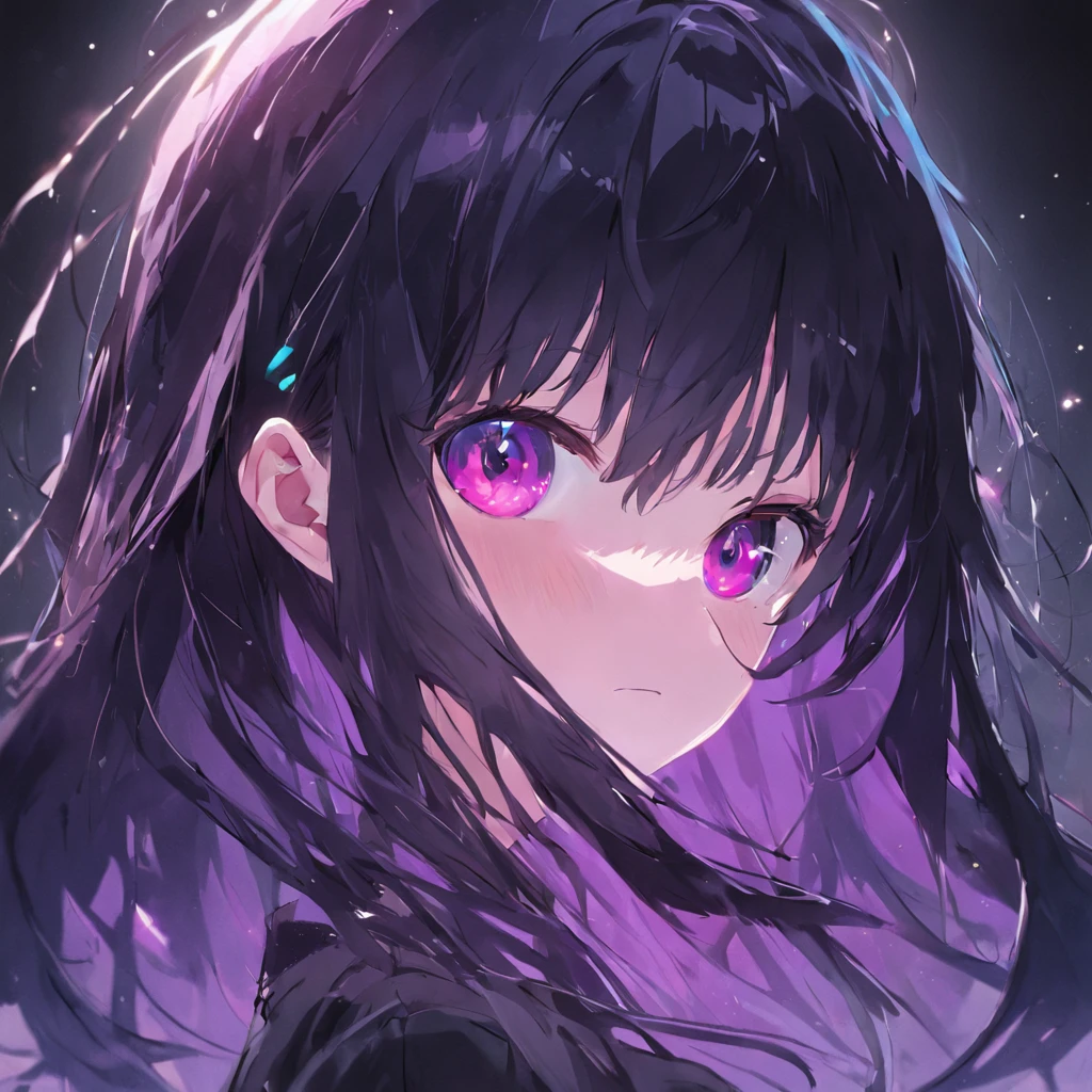 (highest resolution, distinct_image) The best quality, a woman, masterpiece, highly detailed, (semi-realistic), long black hair, long straight hair, black hair bangs, purple eyes, mature, cherry glossy lips, white background, close-up portrait, solid circle eyes, minimalistic