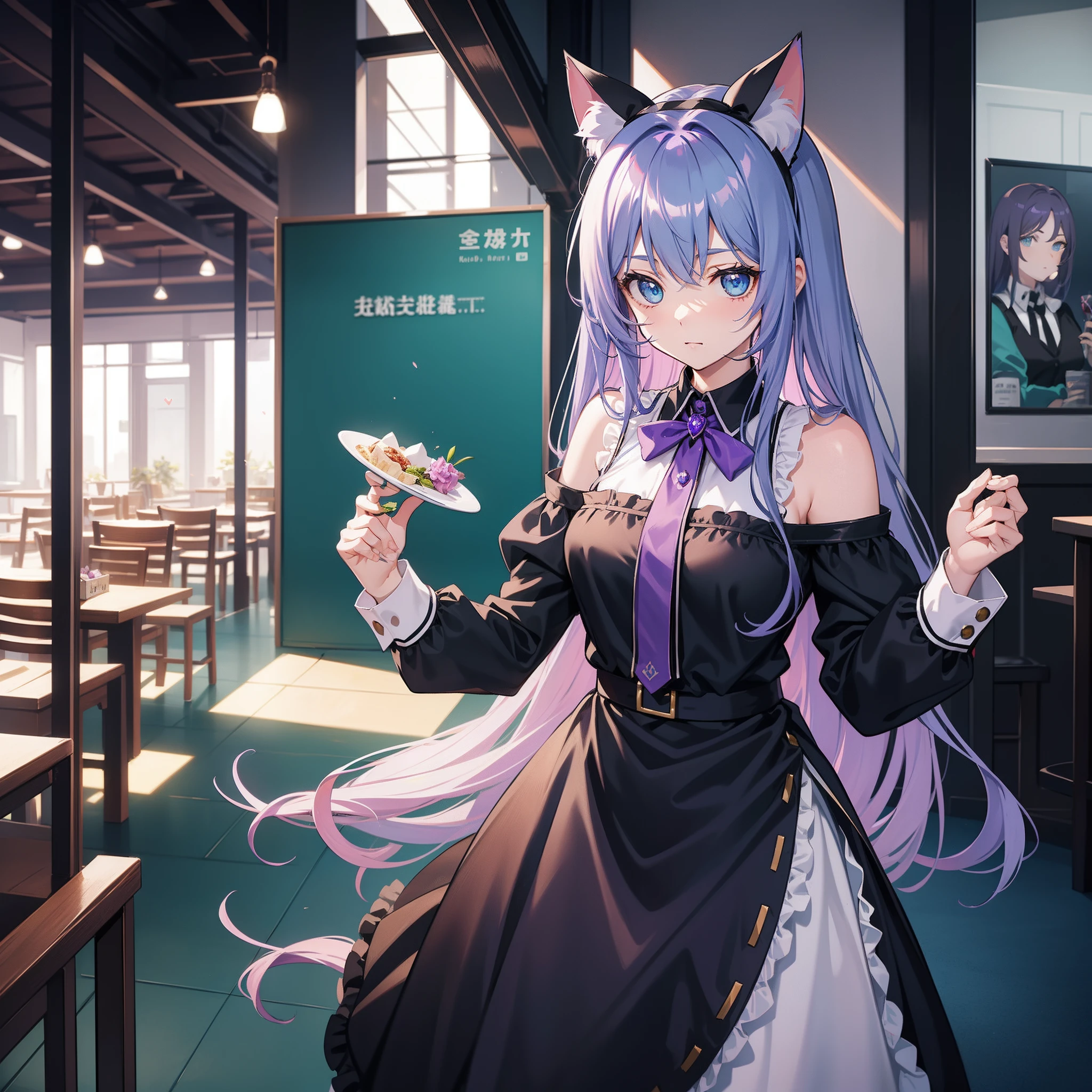 A long purple hair，Turquoise blue eyes，The girl with her hair scattered walked over，She looks like a cute kitten，She wears a black uniform，Wearing a pair of "cat ears" on his head，hairy pubic，it's lovely，Her cute and cute eyes can easily capture the hearts of others，Work as a waitress in a restaurant