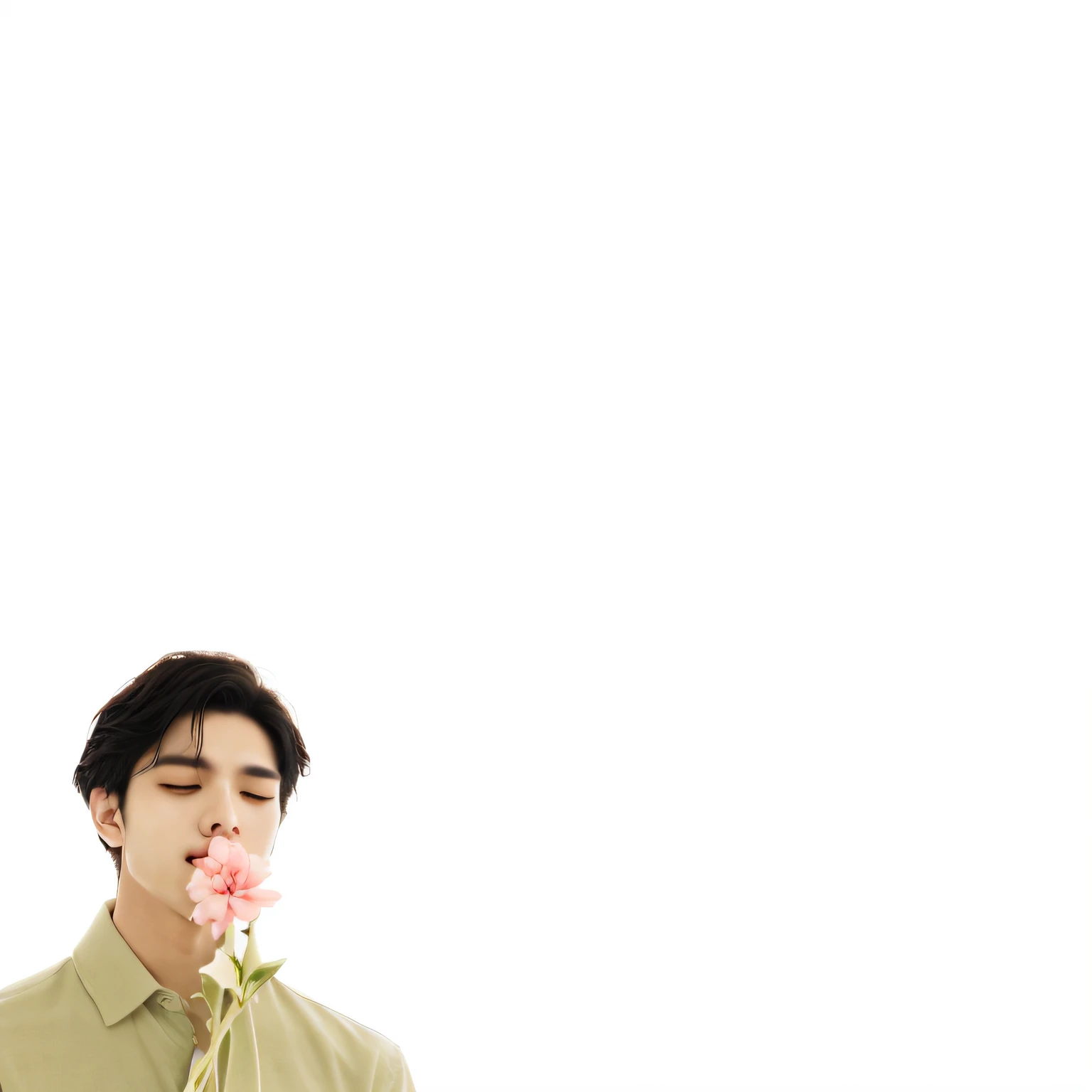 There was a man blowing with a flower in his mouth, White-pink flowers, phone background, minimalistic background, eye closeds,Handsome boys,on simple background, White background!!!!!!!!!!