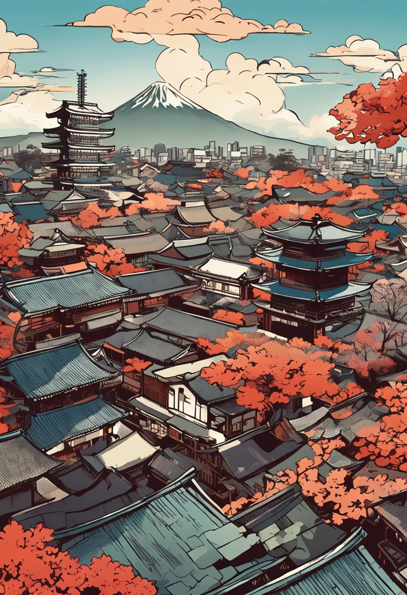 "Japanese traditional cityscape, with bustling buildings, bathed in the warm midday sunlight, offering a magnificent view from above."