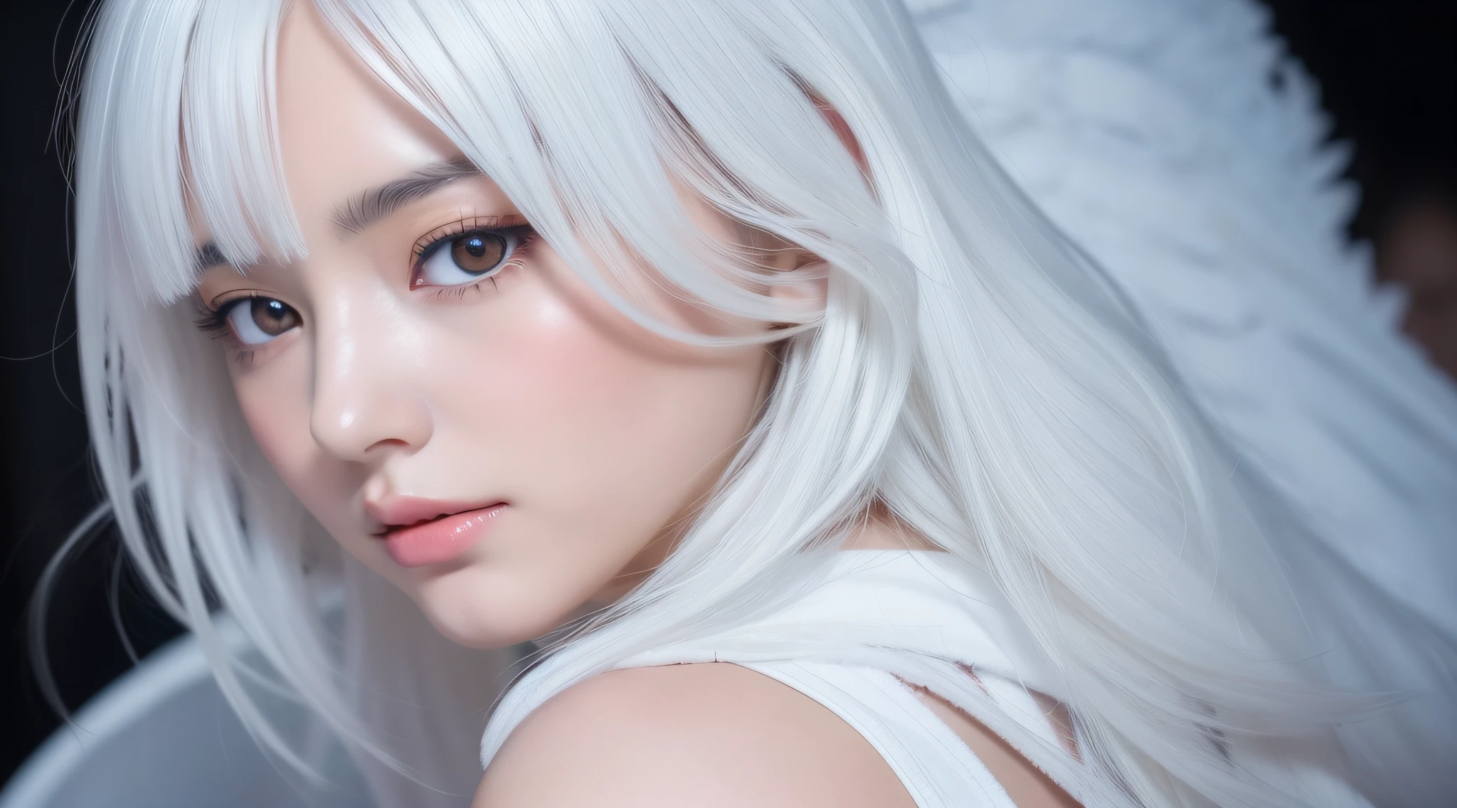 (best quality,masterpiece),1girl,white hair公主,Smile,Transparent white,Transparent white丝,Transparent white丝内衣,white hair,slim body,slender white legs,White and firm breasts,little face,snow white skin,bright light,sun,looking at the audience,underwater background,There are fish,beauty,