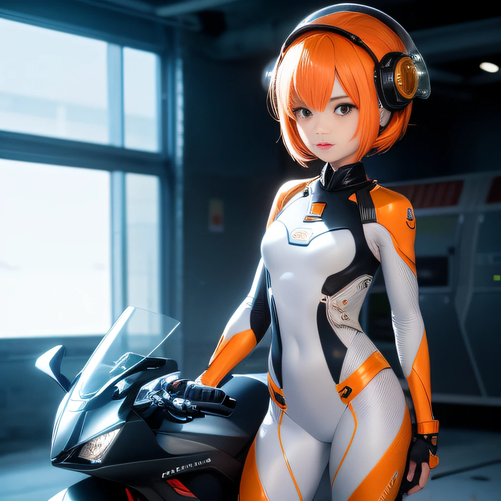 Highest image quality，Outstanding details，超高分辨率，（Fidelity：1.4），The best illustration，Favor the details，Highly cohesive 1girl，He has a delicate and beautiful face，Dressed in a light orange mech，wearing a mech helmet，Hold the direction controller，Riding on a motorcycle，The background is a high-tech lighting scene in an abandoned city of the future。
