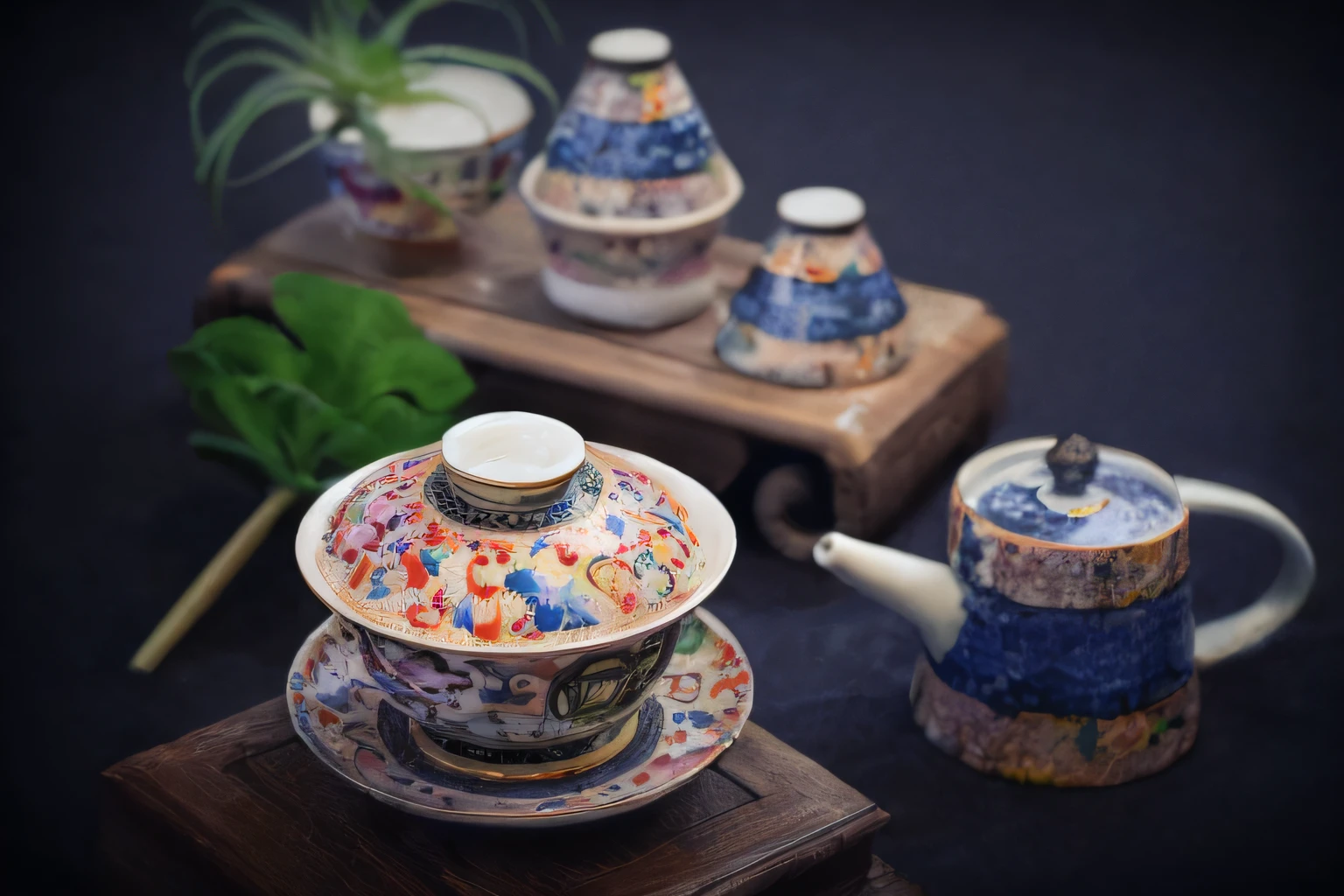 There are three teapots and a teapot on the table, engalnd porcelain tea set, Chinese traditional, Colorful complex, tea ceremony scene, cloisonne, intricatedesign, ancient china art style, Colourful, cloisonne, porcelain, teapot, Chinese style, teacup, colorful intricate masterpiece, author：Li Meishu, traditional chinese textures