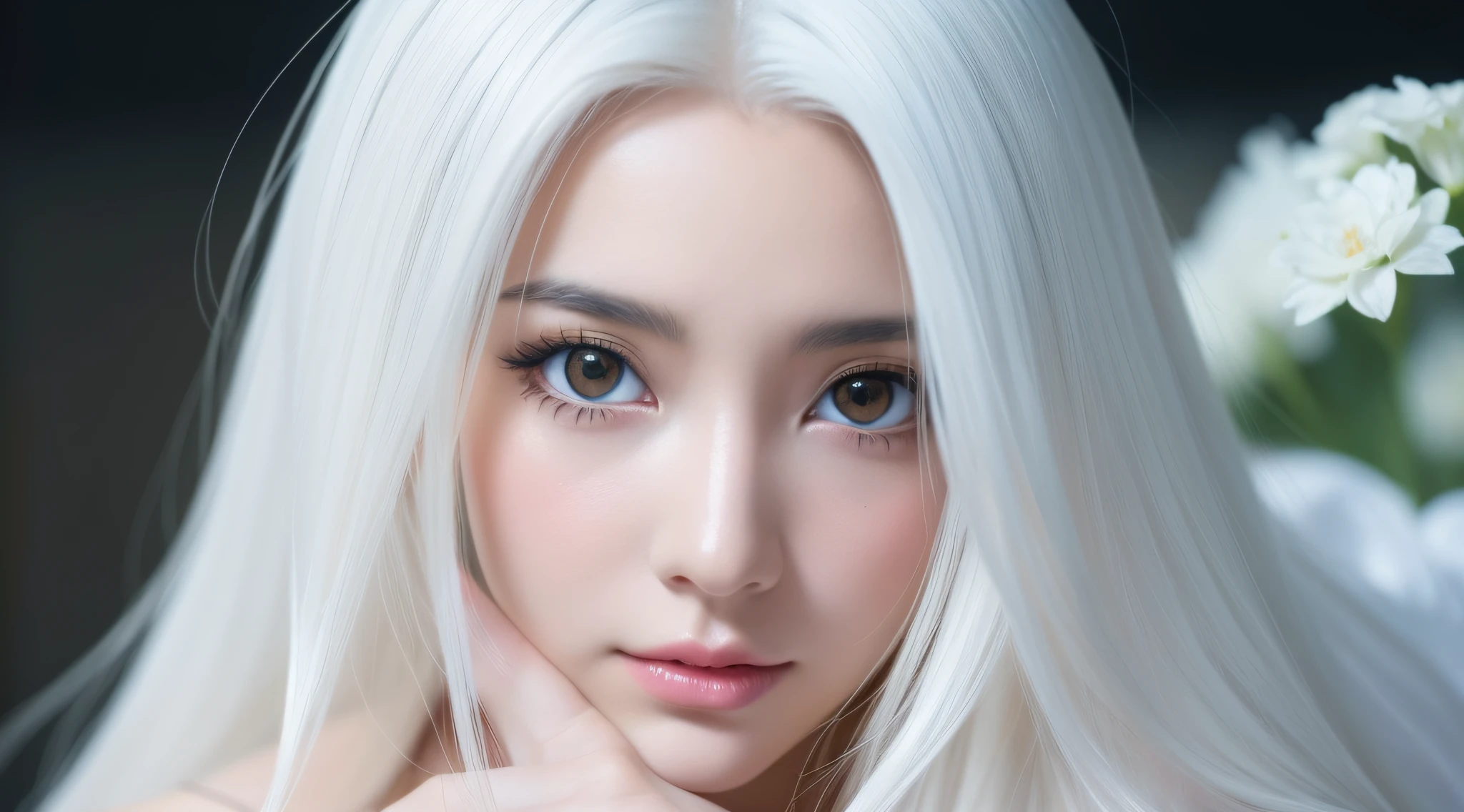 anime big breast,Realistic photo,Masterpiece,Best quality,Extreme detail,Detailed face,Cute,nice eye,beautiful detailed flowers, Beautiful detailed eyes,ultra - detailed,flower,Eyes,Flowers and hair are the same color,full bodyesbian,An extremely delicate and beautiful girl,((angel)),White hair,Messy hair,Night