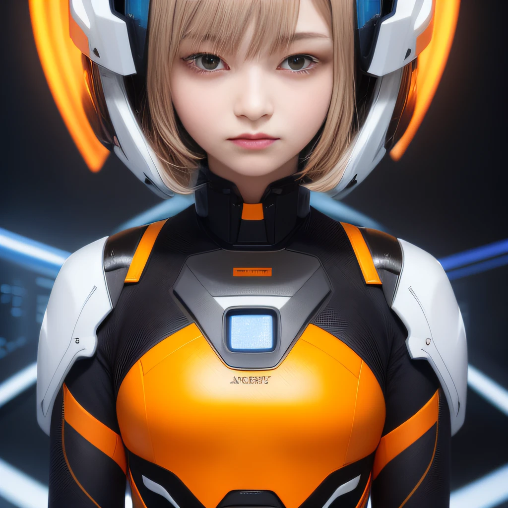 Highest image quality，Outstanding details，超高分辨率，（Fidelity：1.4），The best illustration，Favor the details，Highly cohesive 1girl，He has a delicate and beautiful face，Dressed in a light orange mech，wearing a mech helmet，Hold the direction controller，Riding on a motorcycle，The background is a high-tech lighting scene in an abandoned city of the future。