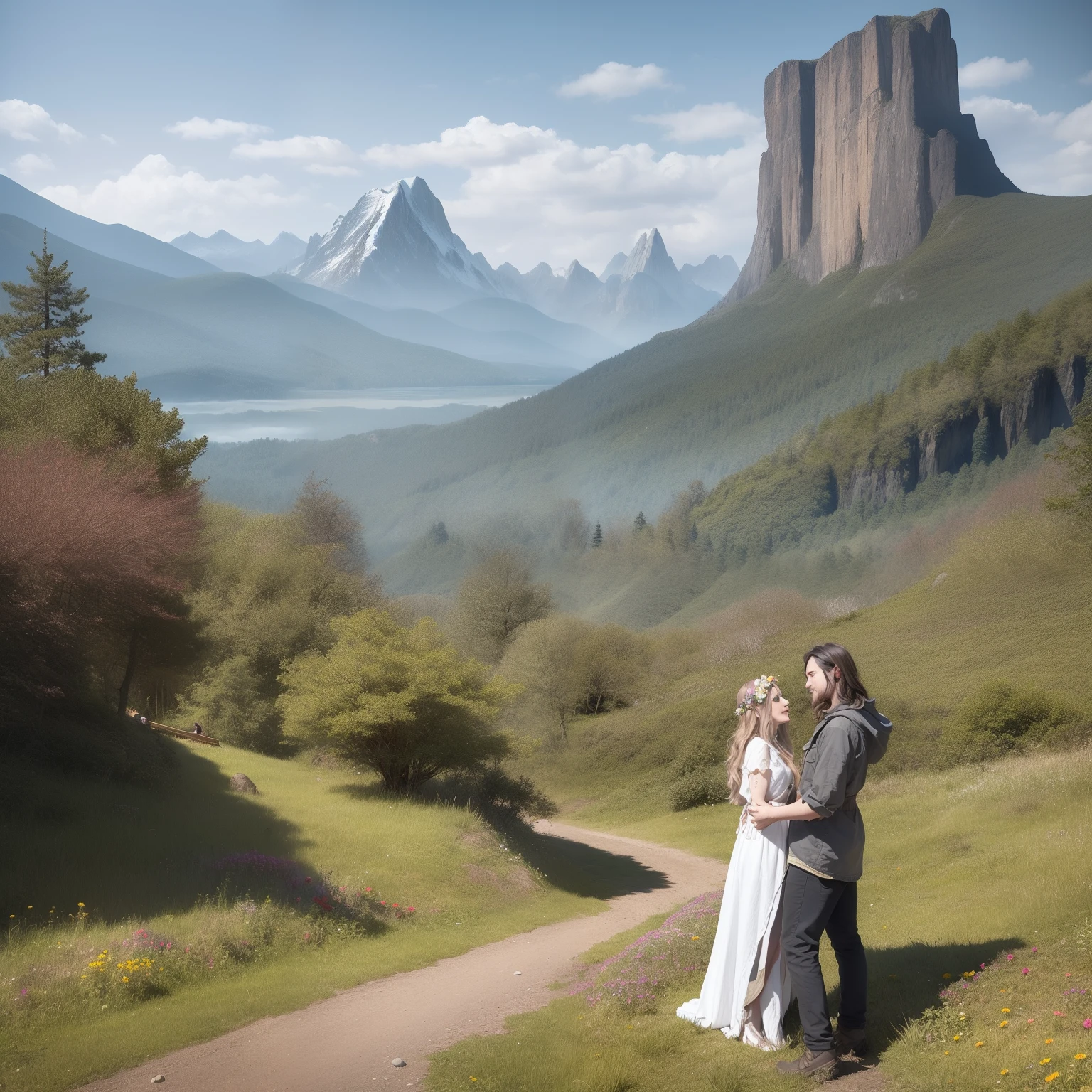 There is a man and woman taking a selfie in the mountains, she has flowers in her hair, hippy chick, artgerma and greg rutkowski, with mountains in background, with mountains in the background, nixeu and greg rutkowski, kate oleska and jim kay, in front of a forest background, millaise and greg rutkowski, profile image, with mountains as background, in the mountains