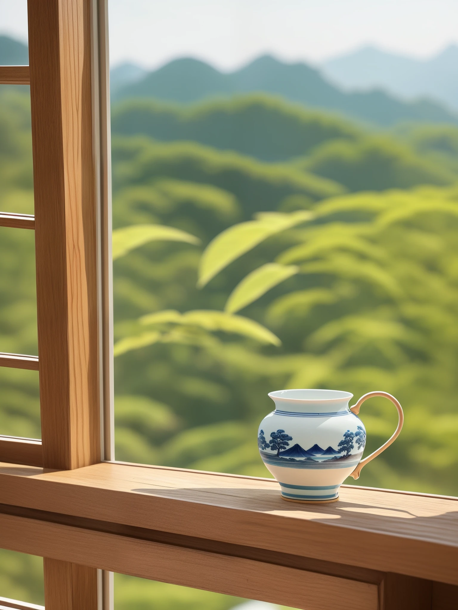 janelas，Highlight porcelain，The view from the window，Greenery，vine，Plants climb into windows，Blue and white porcelain，Cyan porcelain，product introduction photos，ceramics，White tea set，，Wooden pallets，，tea ceremony scene，Large study，，Wooden cabinet background，The angle of the overhead shot，k hd，scenic full shot，Overall Chinese style，large scene，the morning sun，There are greenery --auto --s2