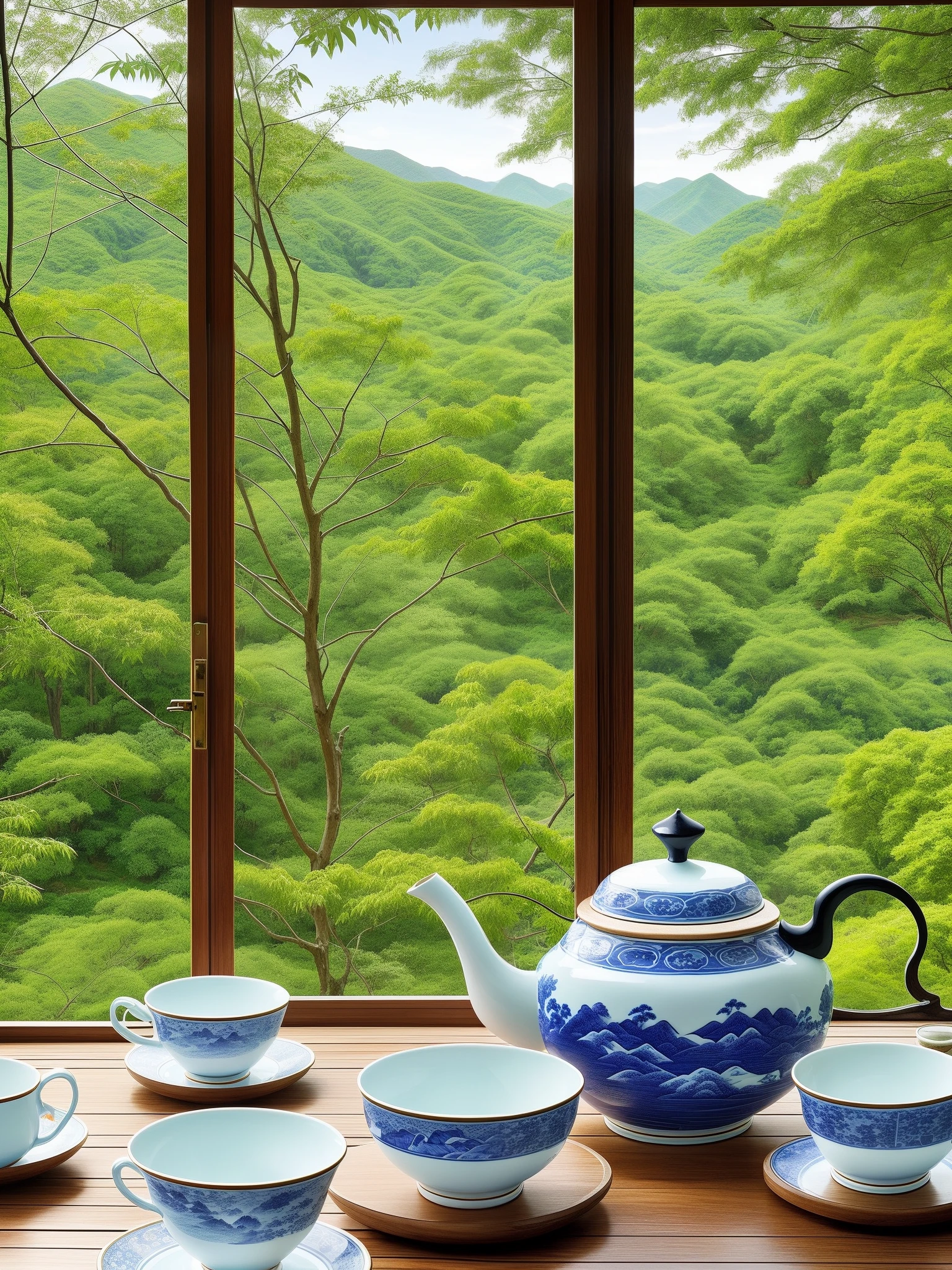 janelas,Highlight porcelain,The view from the window,Greenery,vine,Plants climb into windows,Blue and white porcelain,Cyan porcelain,product introduction photos,ceramics,White tea set,,Wooden pallets,,tea ceremony scene,Large study,,Wooden cabinet background,The angle of the overhead shot,k hd,scenic full shot,Overall Chinese style,large scene,the morning sun,There are greenery --auto --s2