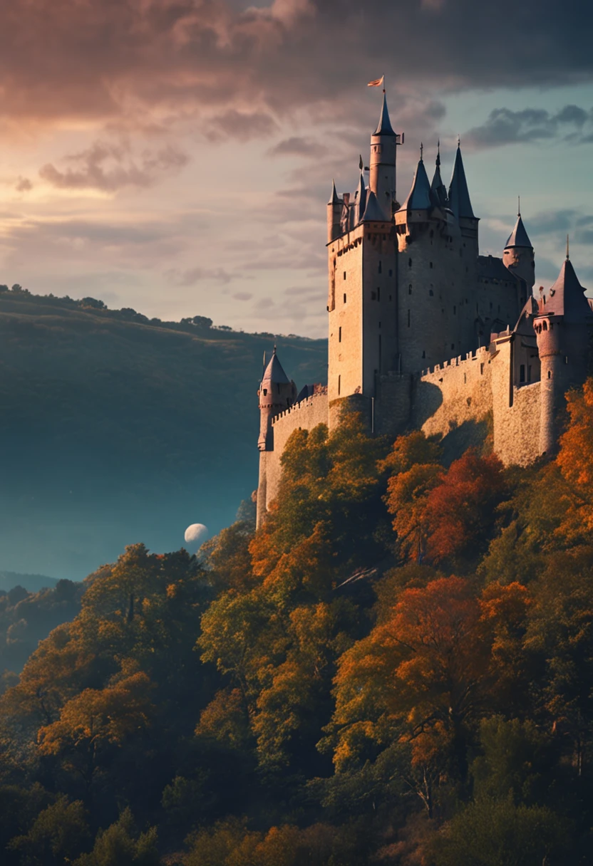 European style castle，early evening，Blue sky，The moonlight is hazy