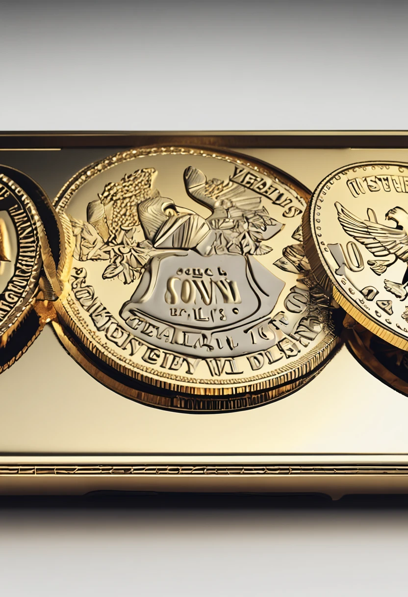 A large magnet attracting only small gold coins and small dollar bills to its magnetic tip., UHD, masterpiece, ccurate, anatomically correct, anatomically correct, super detail, high quality, highres, best quality, 4K