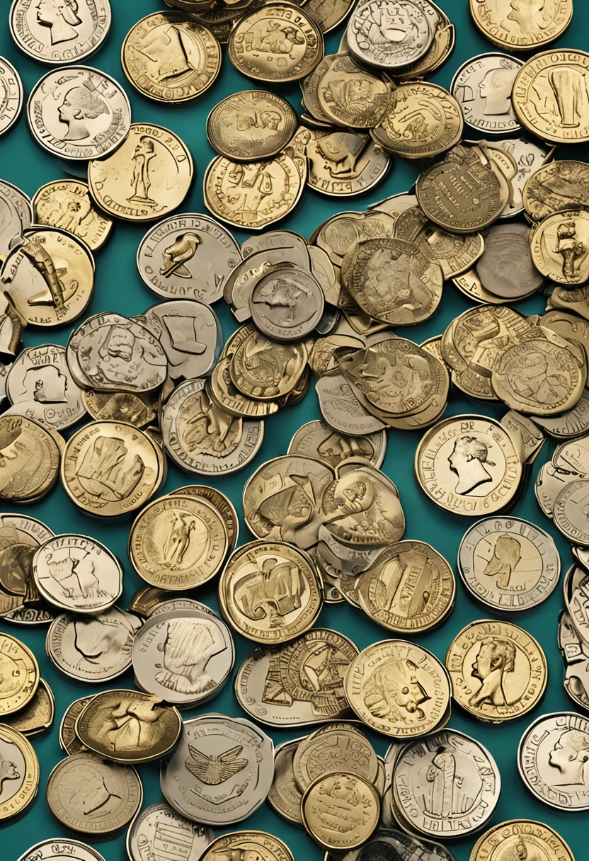 A large magnet attracting only small gold coins and small dollar bills to its magnetic tip., UHD, masterpiece, ccurate, anatomically correct, anatomically correct, super detail, high quality, highres, best quality, 4K