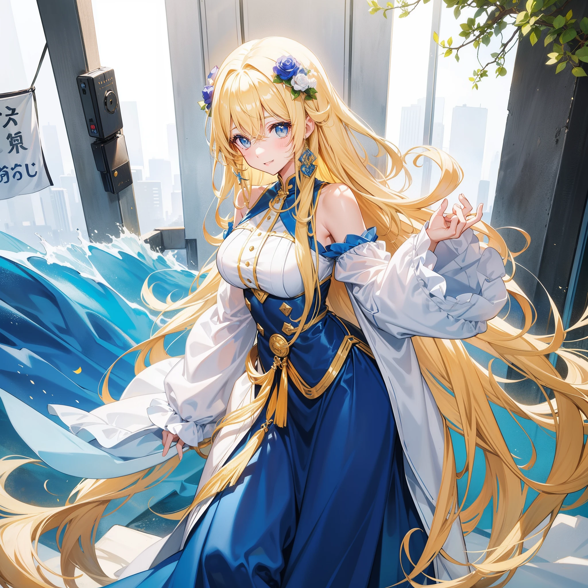 A long yellow curly hair，Blue-white eyes，The girl with red-rimmed eyes said，Her voice was soft，The figure is also very good，The smile on her face can tell that she is an approachable girl，Stand at the door of the department