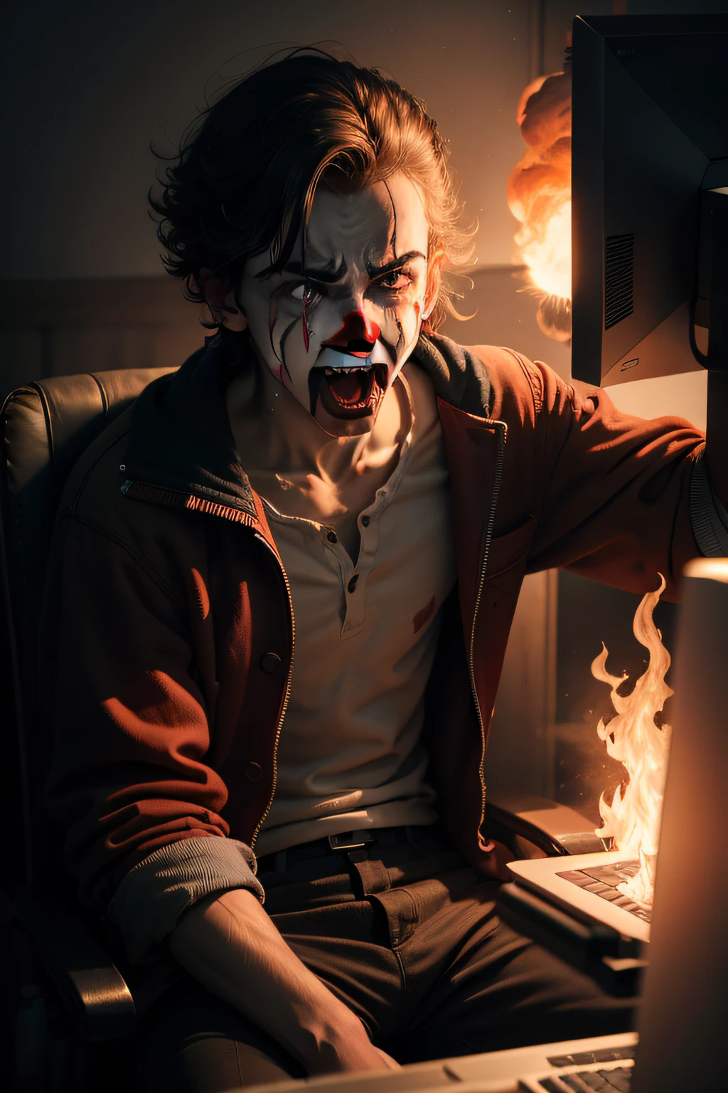 Young man with clown nose and head on fire, with a startled face, crying sitting in chair, in front of the computer. Dynamic light, photographic image, realistic