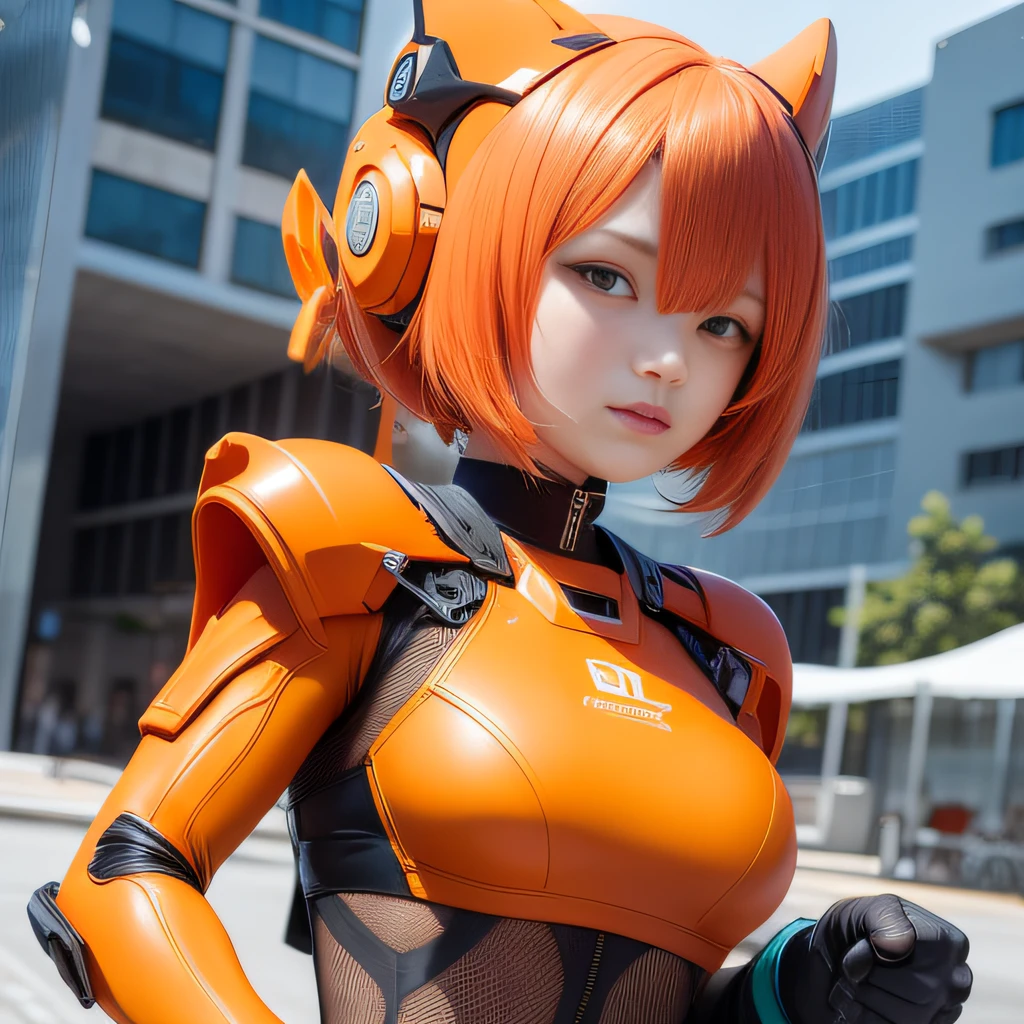 Highest image quality,Outstanding details,超高分辨率,(Fidelity:1.4),The best illustration,Favor the details,Highly cohesive 1girl,He has a delicate and beautiful face,Dressed in a light orange mech,wearing a mech helmet,Hold the direction controller,Riding on a motorcycle,The background is a high-tech lighting scene in an abandoned city of the future。