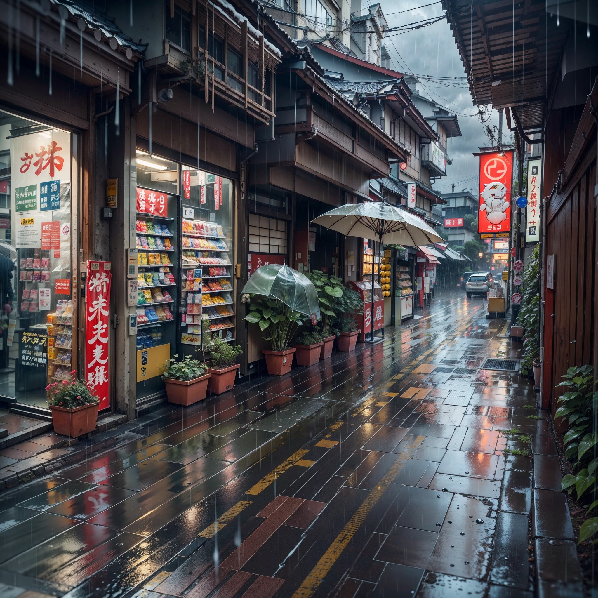 japan, Japanese street, overlooking city, modern Japanese architecture, Japanese style buildings, Japanese convenience store, Japanese shop signs, Japanese signs, plant pots, (no one: 1), no people, no one in sight, no cars, no vechiles, rain, raining, heavy rainfall, wet, puddles, dramatic rain, dramatic rain, heavy rain, lots of rain, rain drops, rain falling, rain drops falling, gloomy weather, emerging sun through clouds, storm