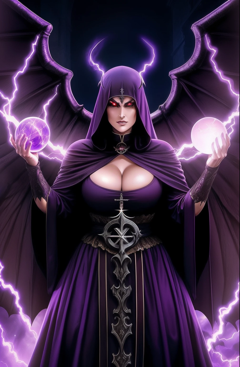 Lisa Ann: The evil nun, Demon horn, Demon wings on the head , sexy robe de nonne, His hands preparing a sphere of purple energy, diabolique, insidieux, Lightning strikes the post-apocalyptic ruins of a city , Context of the Satanic Church, detailled eyes, detailed hands