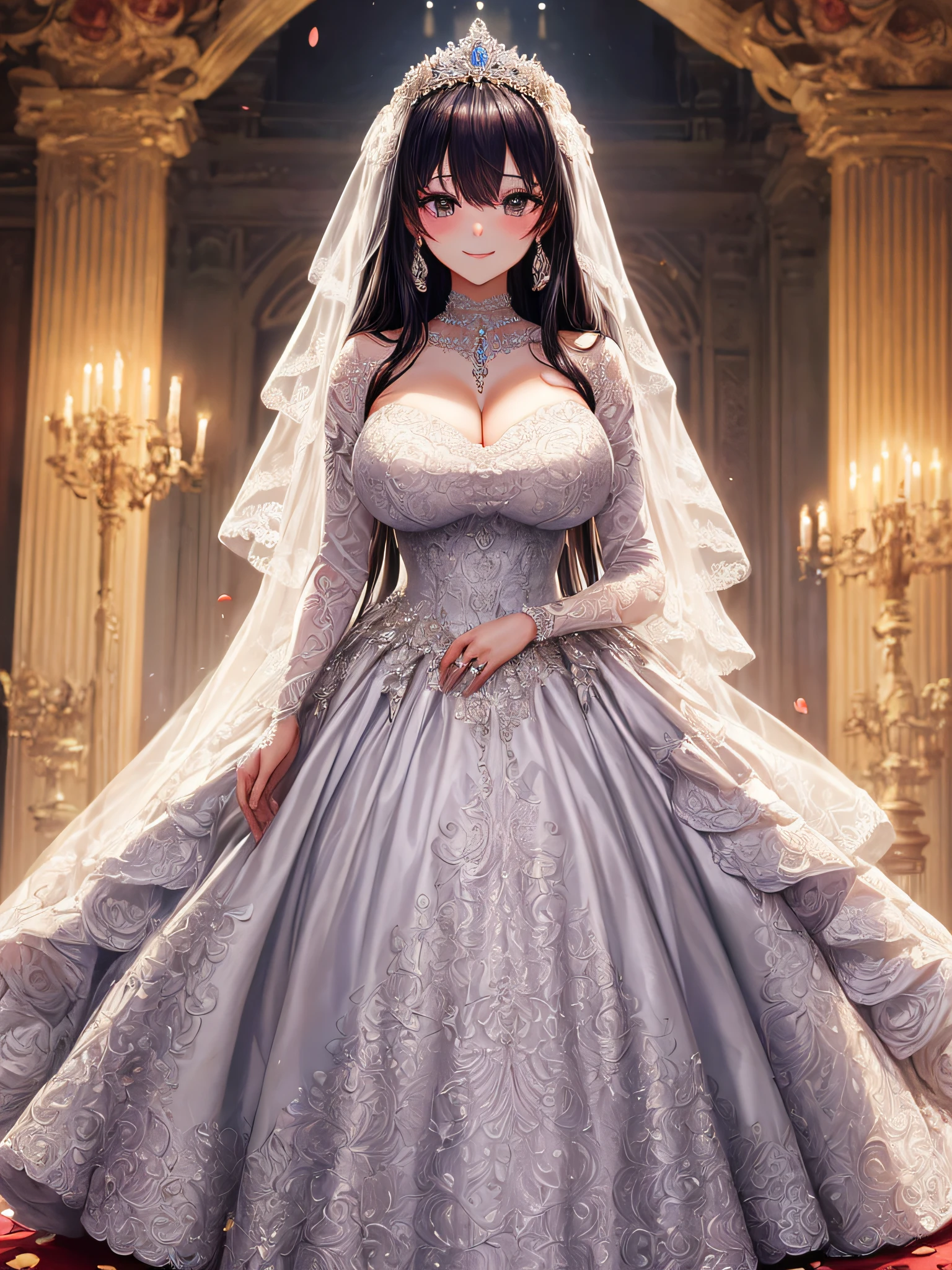 (masterpiece, best quality:1.2),1girl, (solo), cute, kawaii,digital art,((1 princess wearing beautiful embroidery and jeweled gorgeous princess ballgown wedding dress with voluminous full length hoop skirt)),crinoline,((gorgeous embroidery and beautiful lace)),(very gigantic boobs,cleavage,skindentation),((shiny hair,Bangs between eyes,voluminous straight hair,extremely Long straight Hair)),finely detailed face and eye,smile,extremely gorgeousfull jeweled tiara,((bling-bling gorgeous gemstone jewelry)),long wedding veil,((standing in beautiful garden)),flowers,flower petals flowing,((beautiful embroidery and jeweled gorgeous princess ballgown wedding dress with voluminous full length hoop skirt))