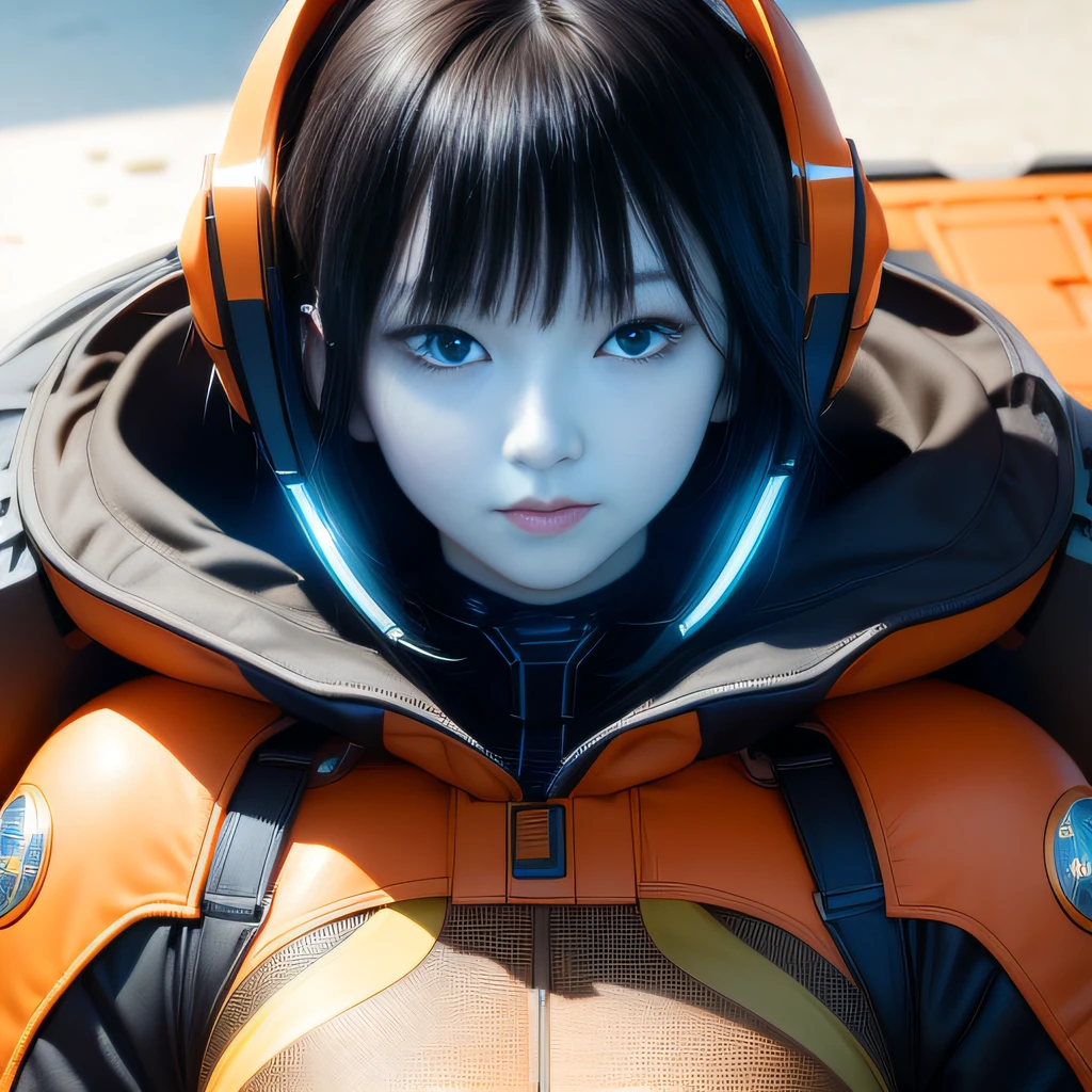 Highest image quality，Outstanding details，超高分辨率，（Fidelity：1.4），The best illustration，Favor the details，Highly cohesive 1girl，He has a delicate and beautiful face，Dressed in a light orange mech，wearing a mech helmet，Hold the direction controller，Riding on a motorcycle，The background is a high-tech lighting scene in an abandoned city of the future。