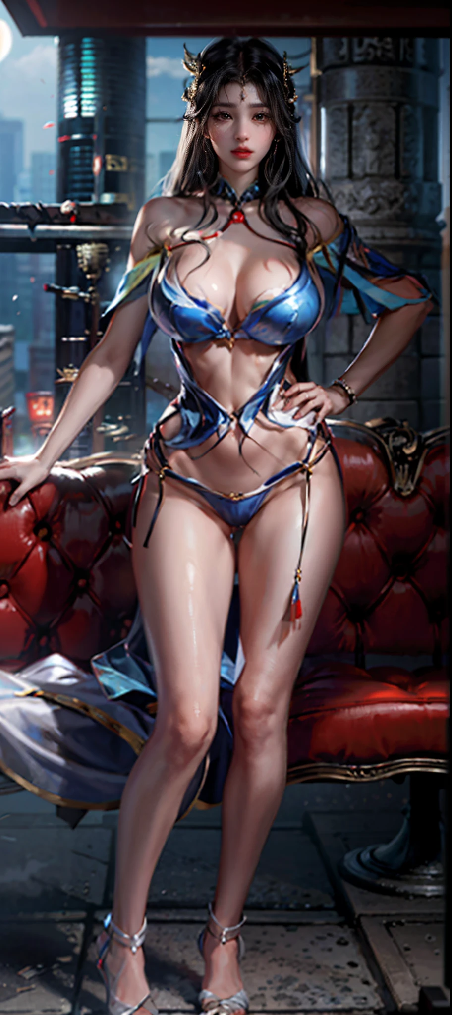 NSFW, Realistic super nasty fox woman, Big, A priestess sitting on the door of the shrine's torii, Fluffy priestess uniform, full bodyesbian, Angular eyes, Hair between the eyes, hair messy, Gentle and attractive, Bare shoulders, delicate sexy collarbone, full - length photo, charming oval face, Double eyelids, Small nose, Noble, hyper HD, Super detail, Elegant posture, glistning skin, Wear sweat, emphasizing thighs and crotch, camel-toe