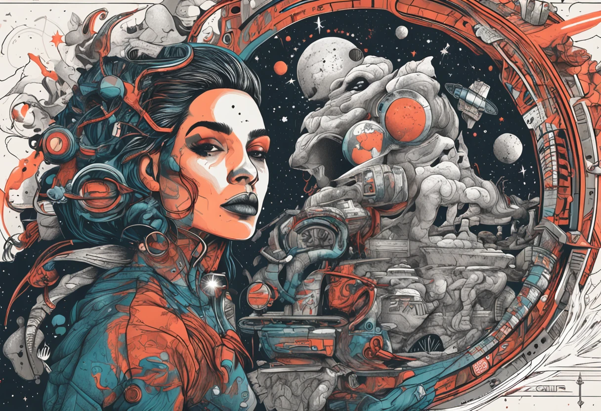 A tattoo artist in space, com cabelo curto e castanho escuro com vermelho, no fundo o universo com planetas e alguma coisa relacionada a arte