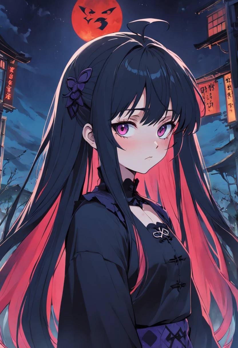 Gothic anime girl, Female anime person, with long hair and piercing eyes, 10s anime. Vintage feel. 90s anime aesthetics. In the style of Ranma, In Lum's style, urusei yatsura